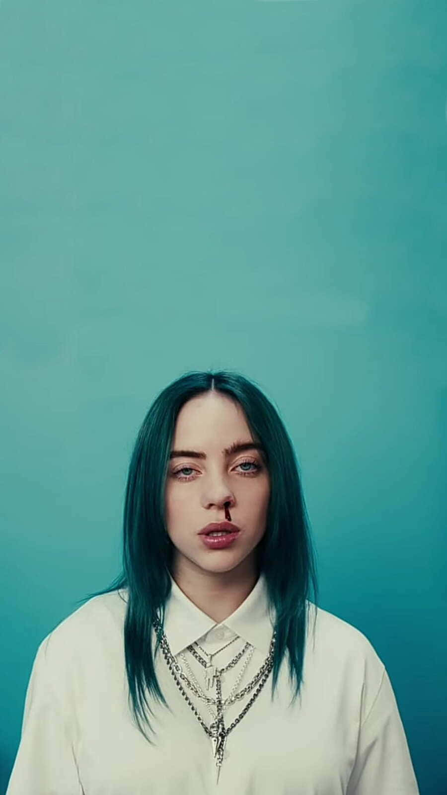 Billie Eilish, teal wall, white collared shirt, HD Phone Wallpaper
