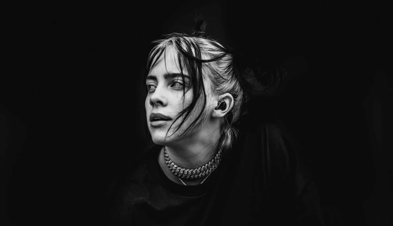 Billie Eilish, laptop, black and white portrait, HD Desktop Wallpaper