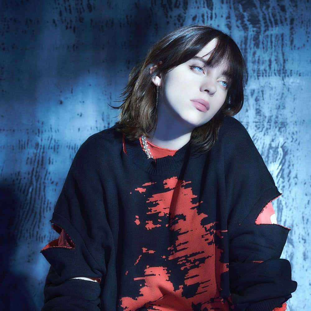 Billie Eilish, blue wall, black ripped sweater, SD Desktop Wallpaper
