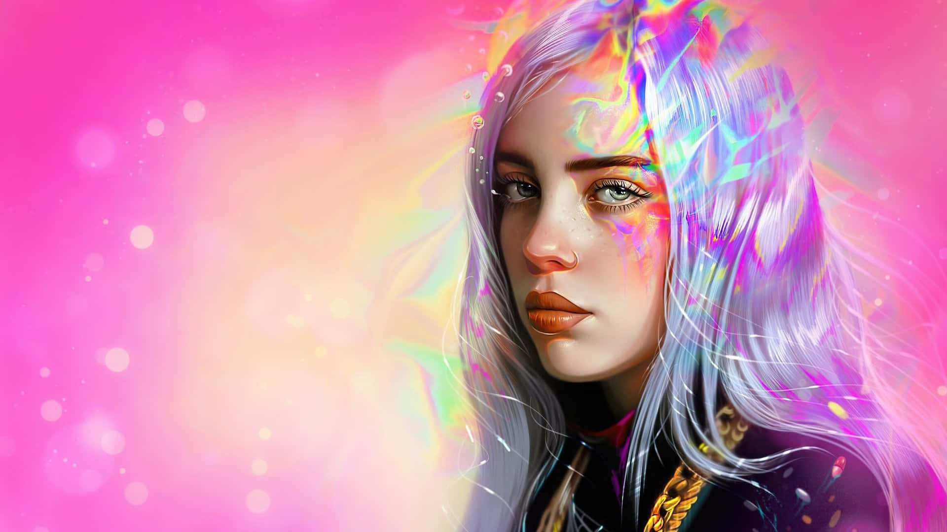 Billie Eilish, silver hair, iridescent rainbow highlights, Full HD Desktop Wallpaper