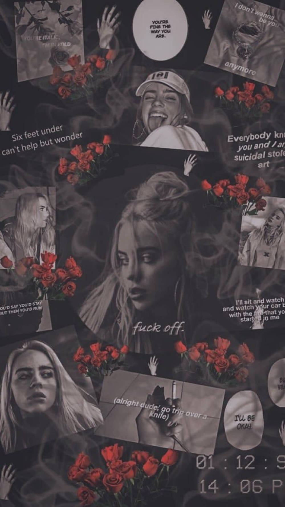 Billie Eilish, black and white, red roses, HD Phone Wallpaper