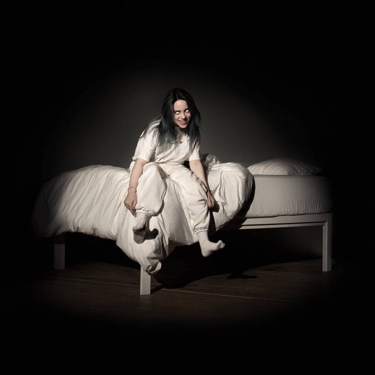 Billie Eilish, white, bed, SD Desktop Wallpaper