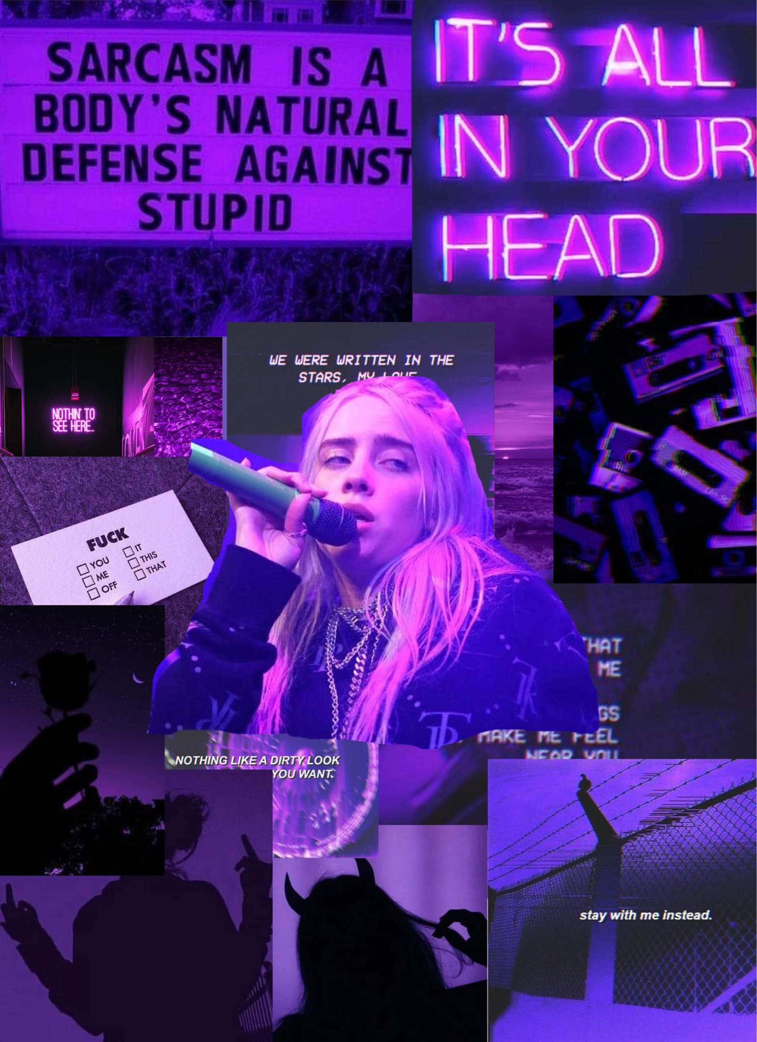 Billie Eilish, purple, neon signs, Full HD Phone Wallpaper