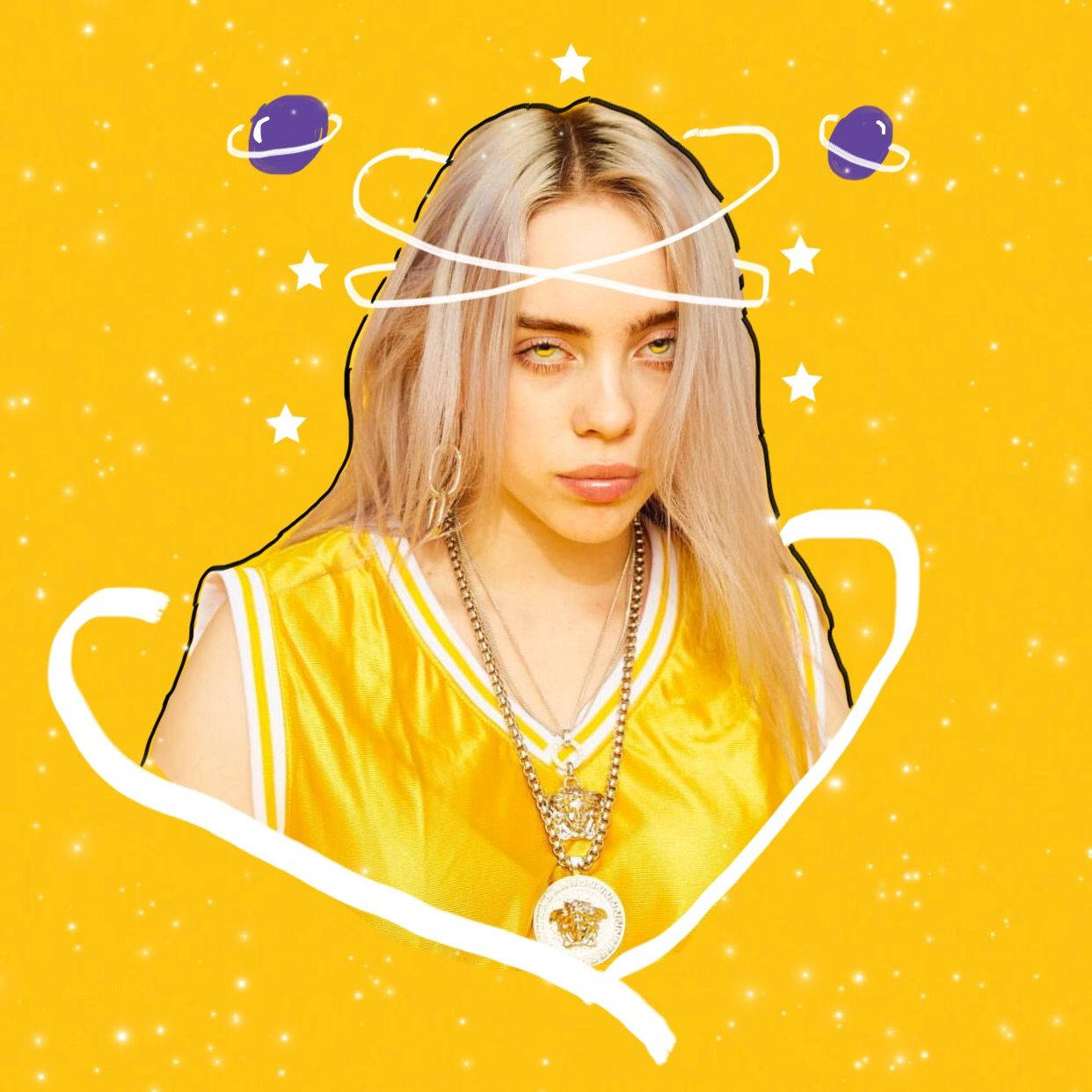 Billie Eilish, yellow satin jersey, cosmic planets and stars, SD Desktop Wallpaper