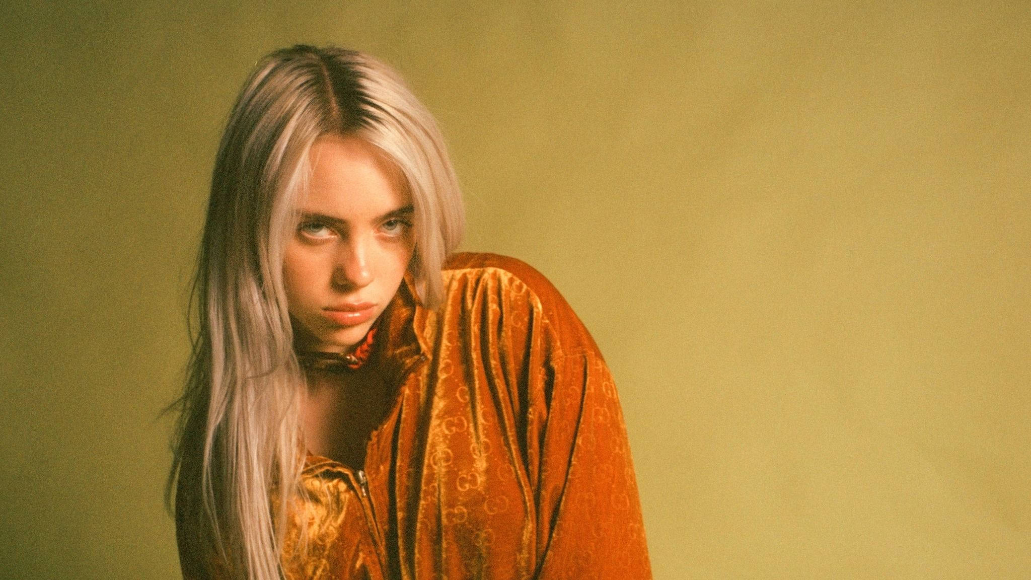 Billie Eilish, platinum blonde hair, orange velvet top, Full HD Desktop Wallpaper