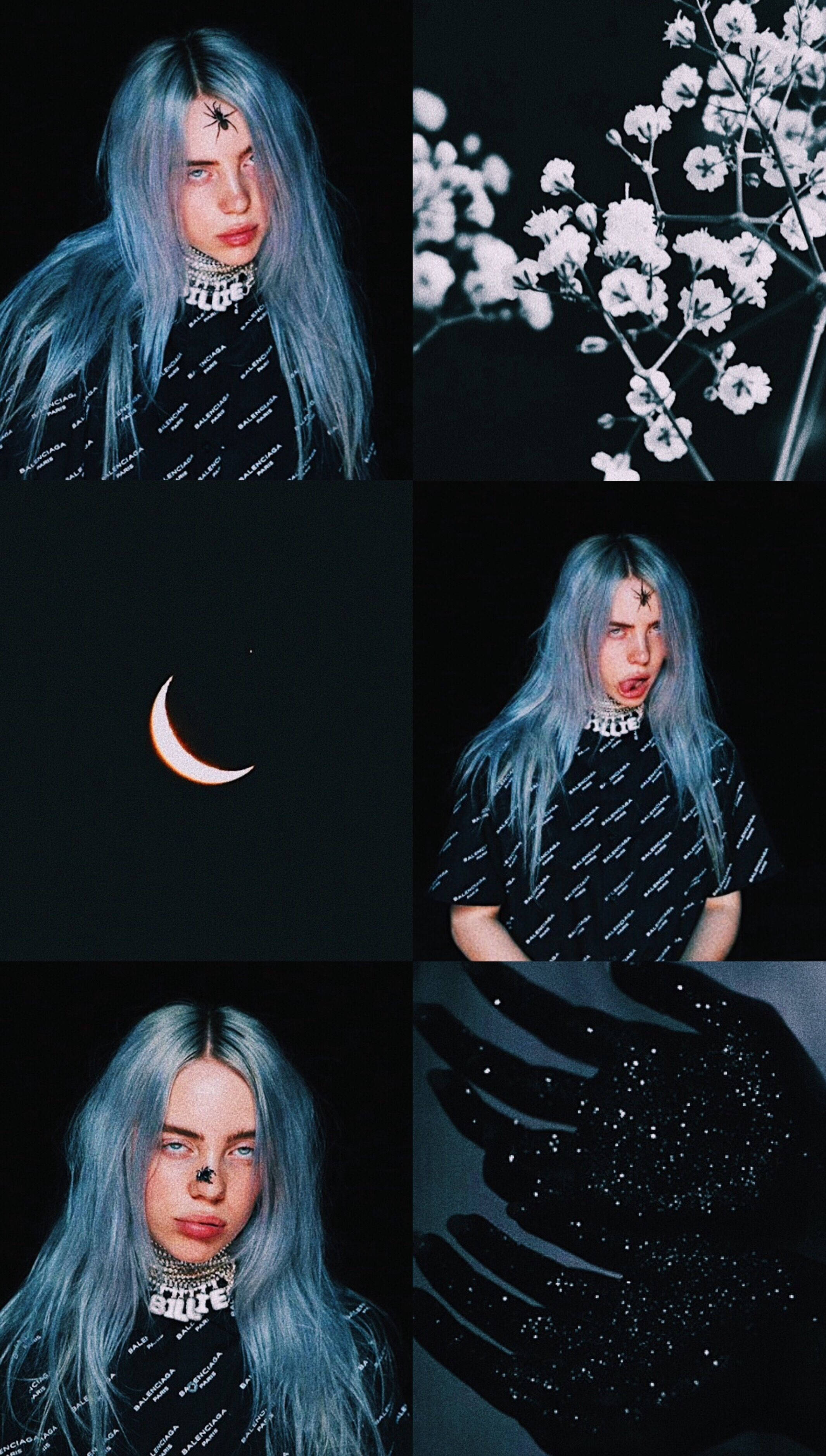 Billie Eilish, blue hair, black outfits, 2K Phone Wallpaper