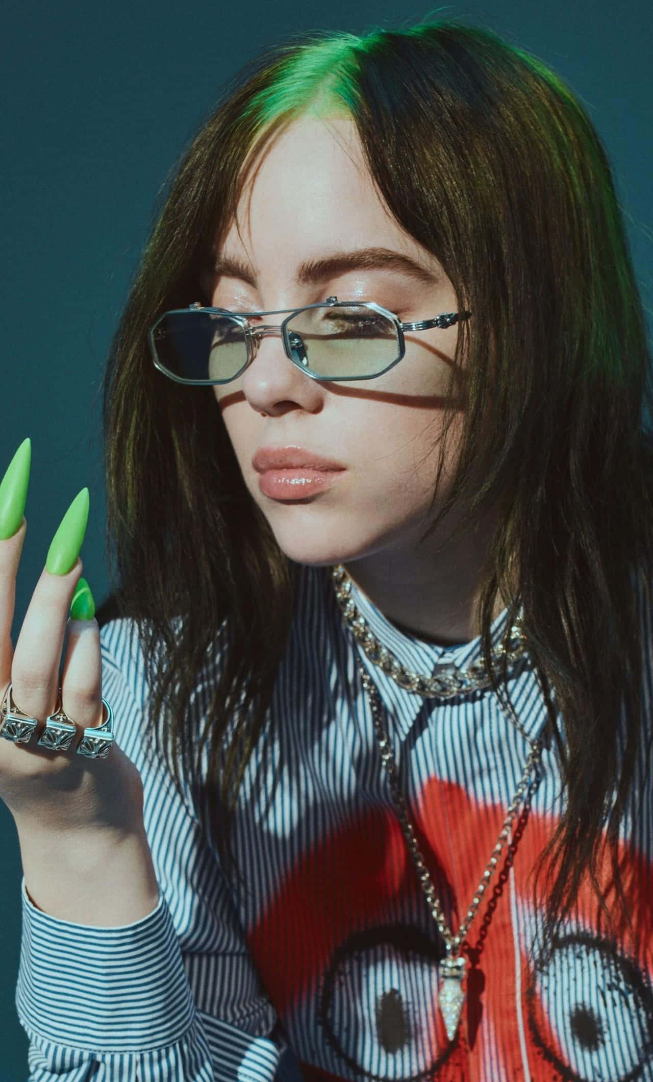 Billie Eilish, 2021, green-tipped nails, Full HD Phone Wallpaper