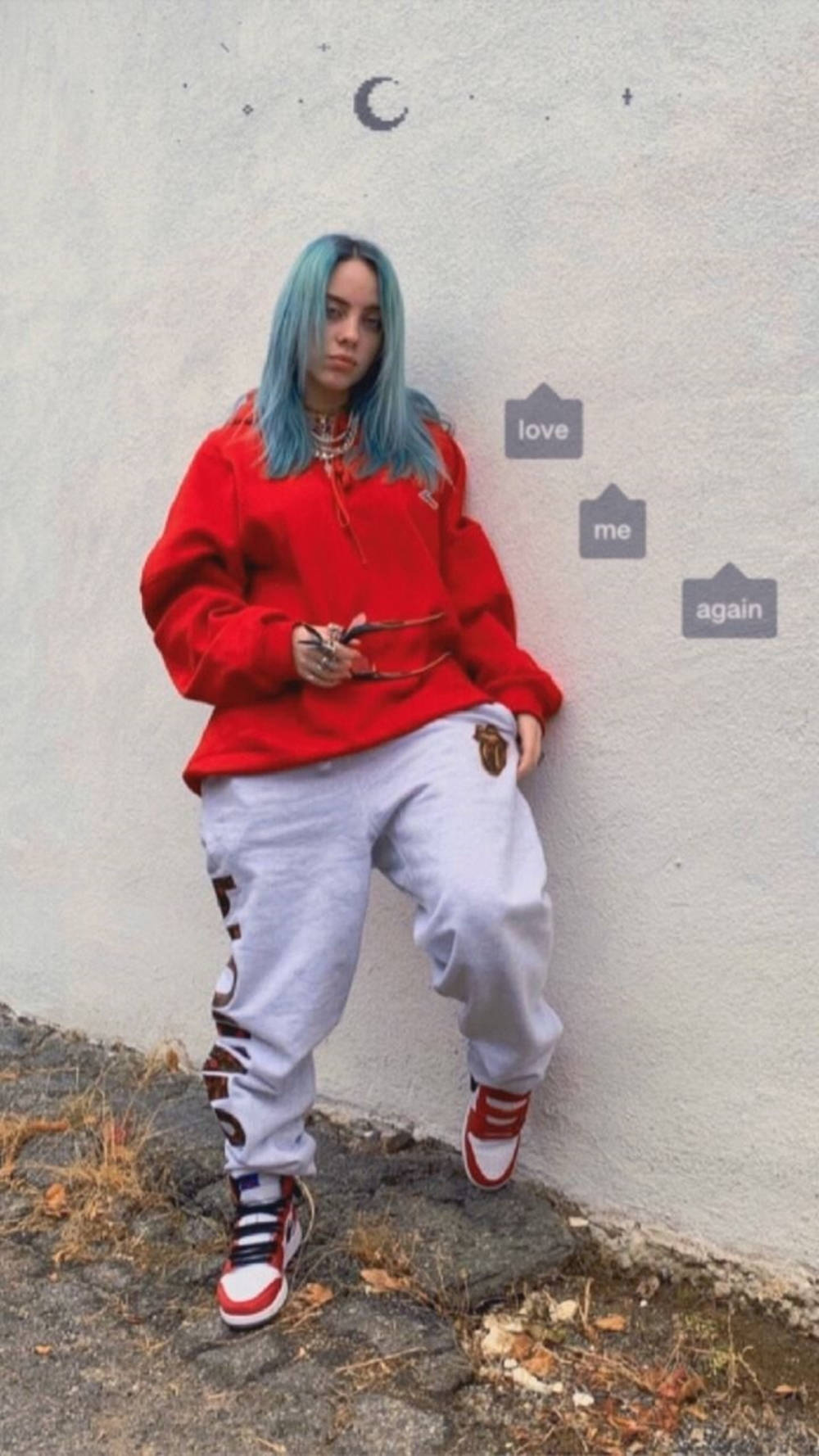 Billie Eilish, blue hair, red hoodie, HD Phone Wallpaper