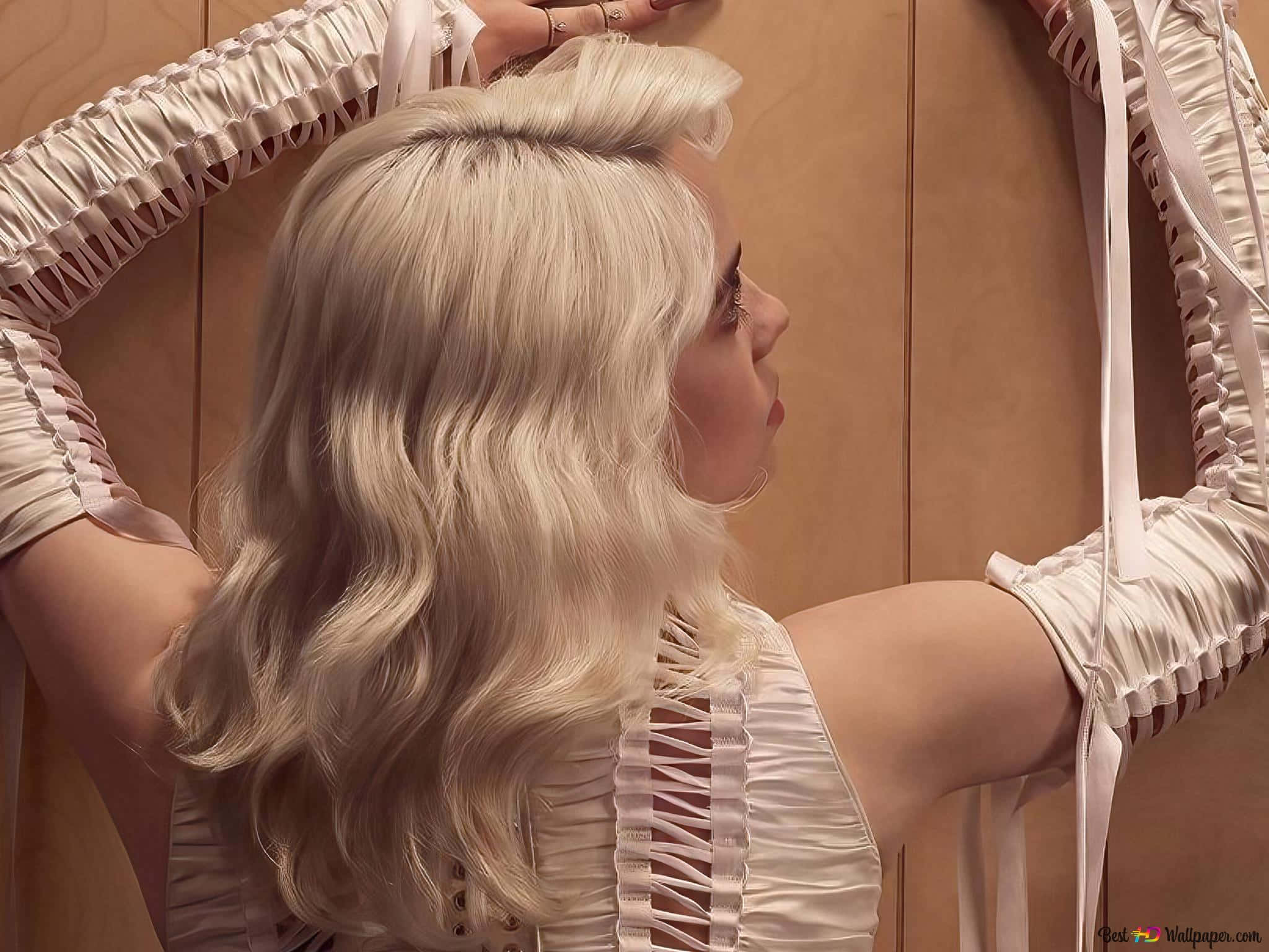 Billie Eilish, 2021, white ruffled dress, Full HD Desktop Wallpaper