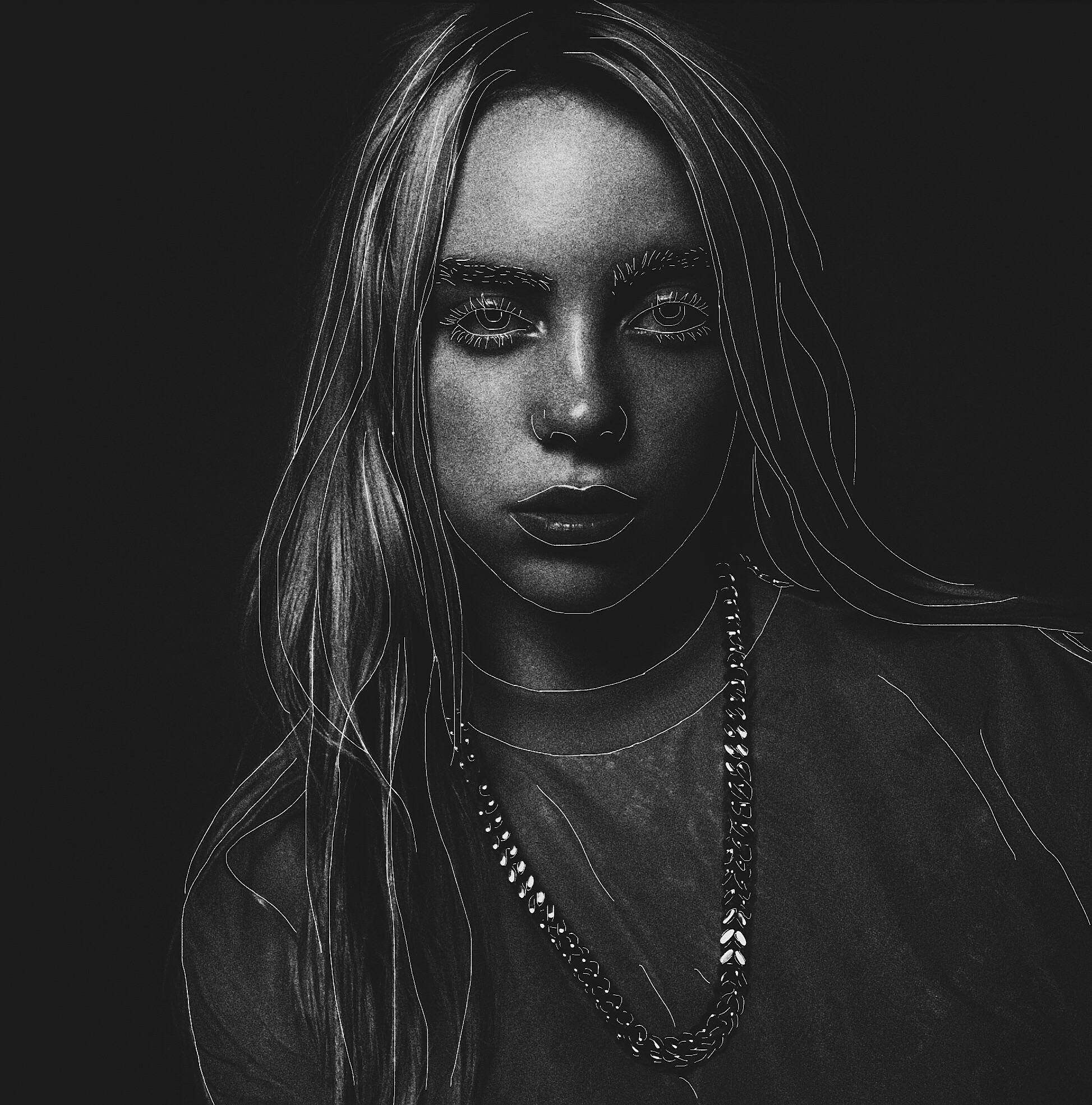 Billie Eilish, black and white portrait, long hair, Full HD Phone Wallpaper