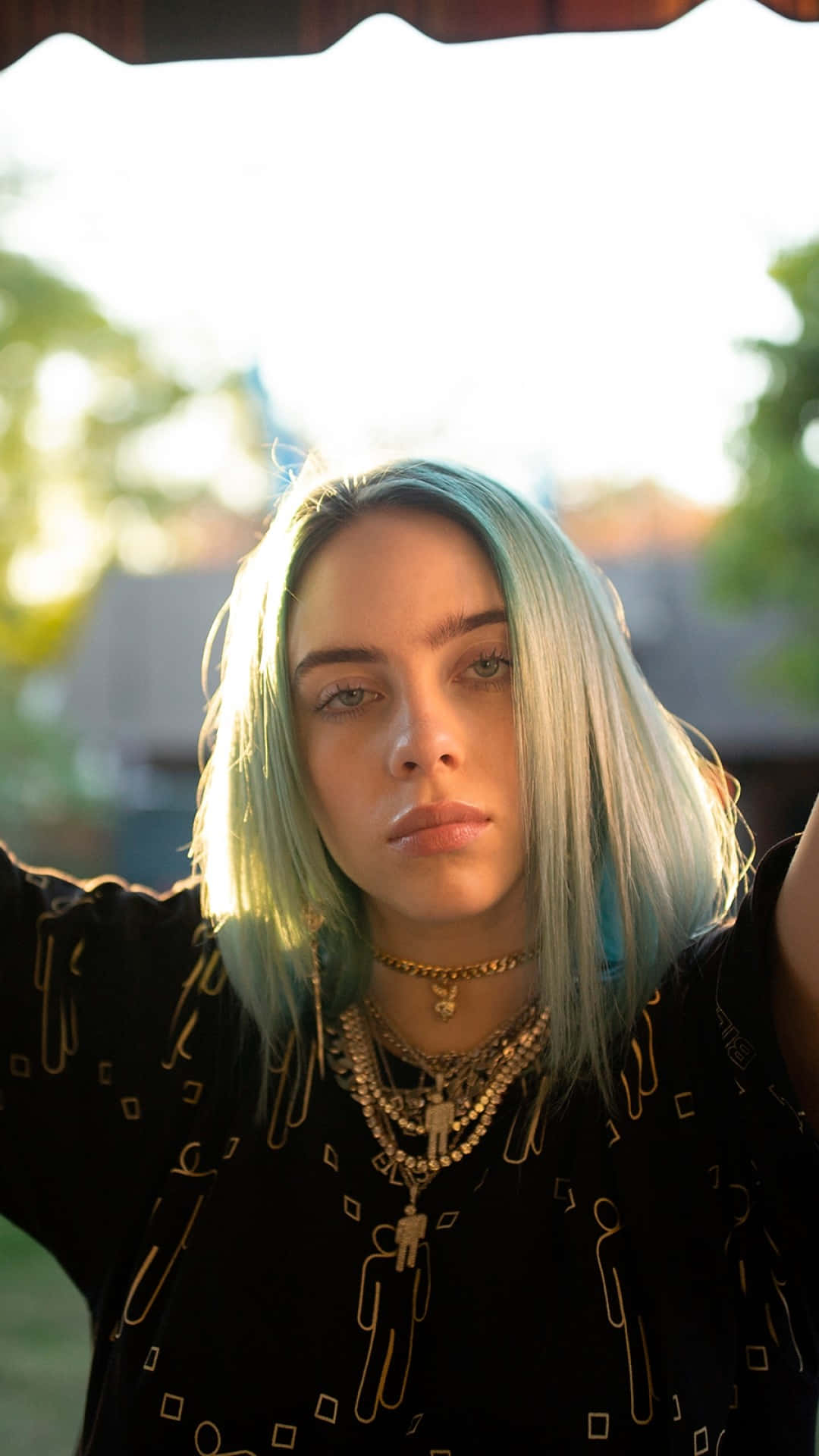 Billie Eilish, pale blue hair, layered gold necklaces, Full HD Phone Wallpaper