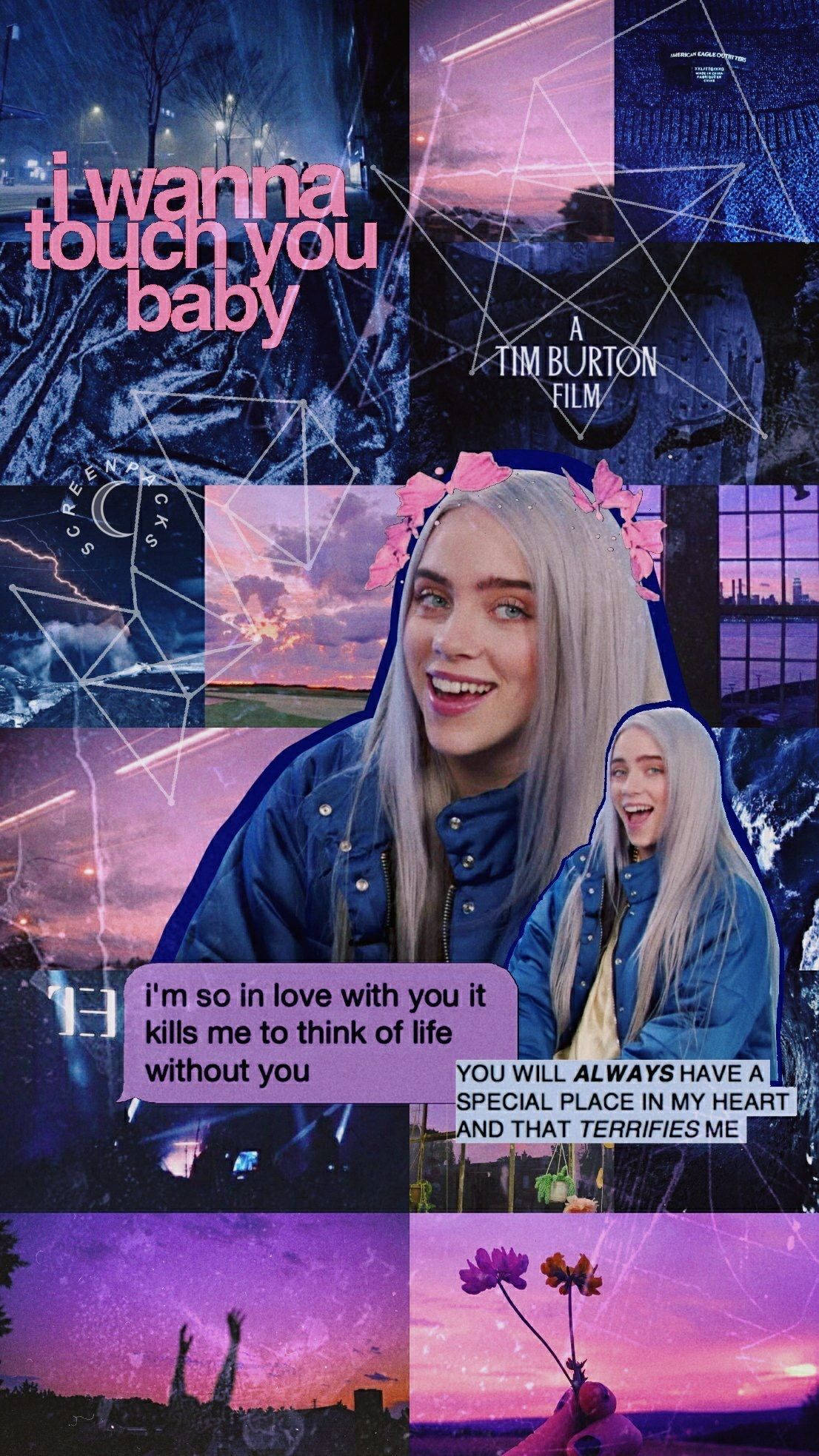 Billie Eilish, purple skies, geometric overlays, Full HD Phone Wallpaper