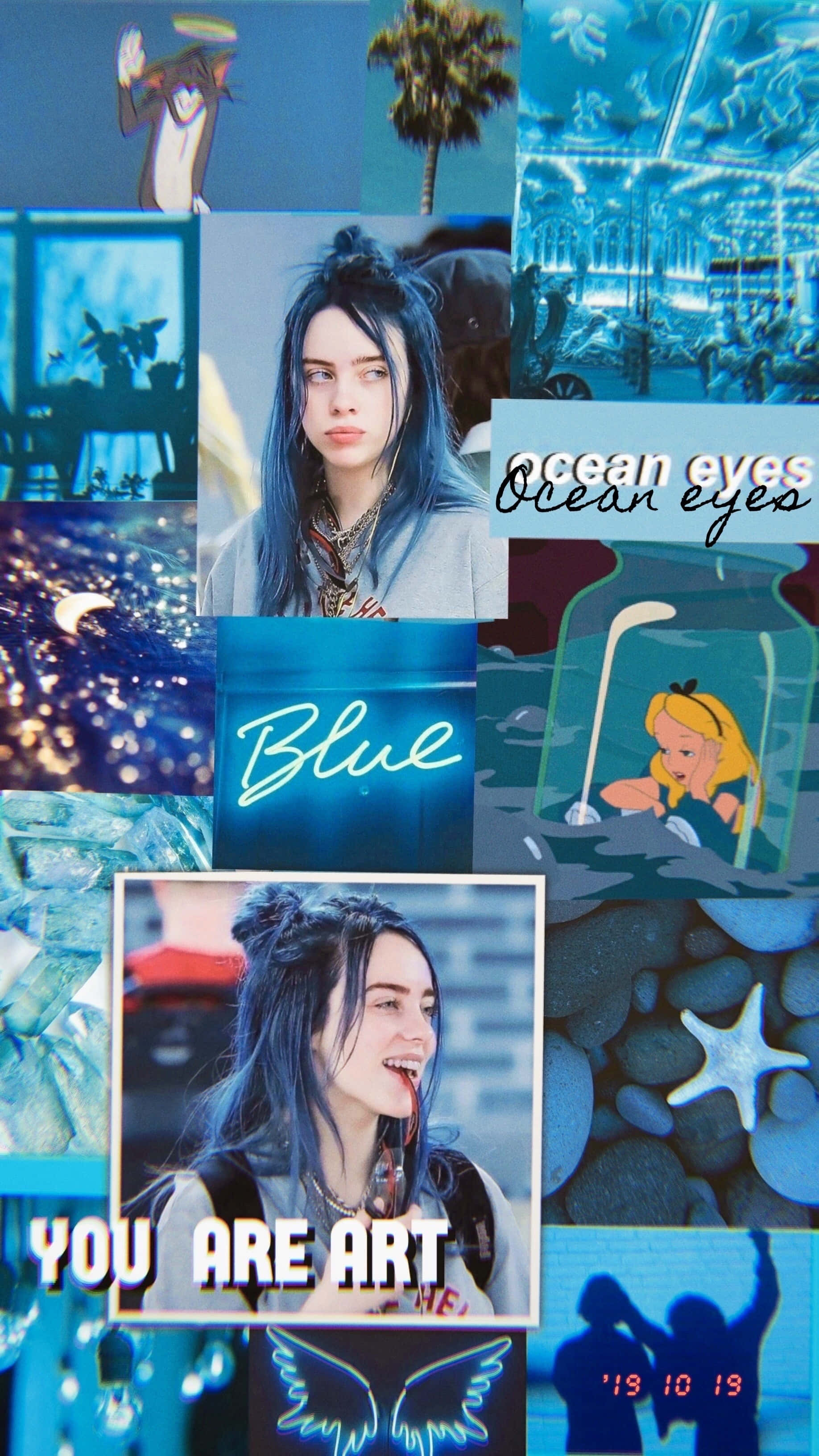 Billie Eilish, blue-toned collage, ocean scenes, 2K Phone Wallpaper