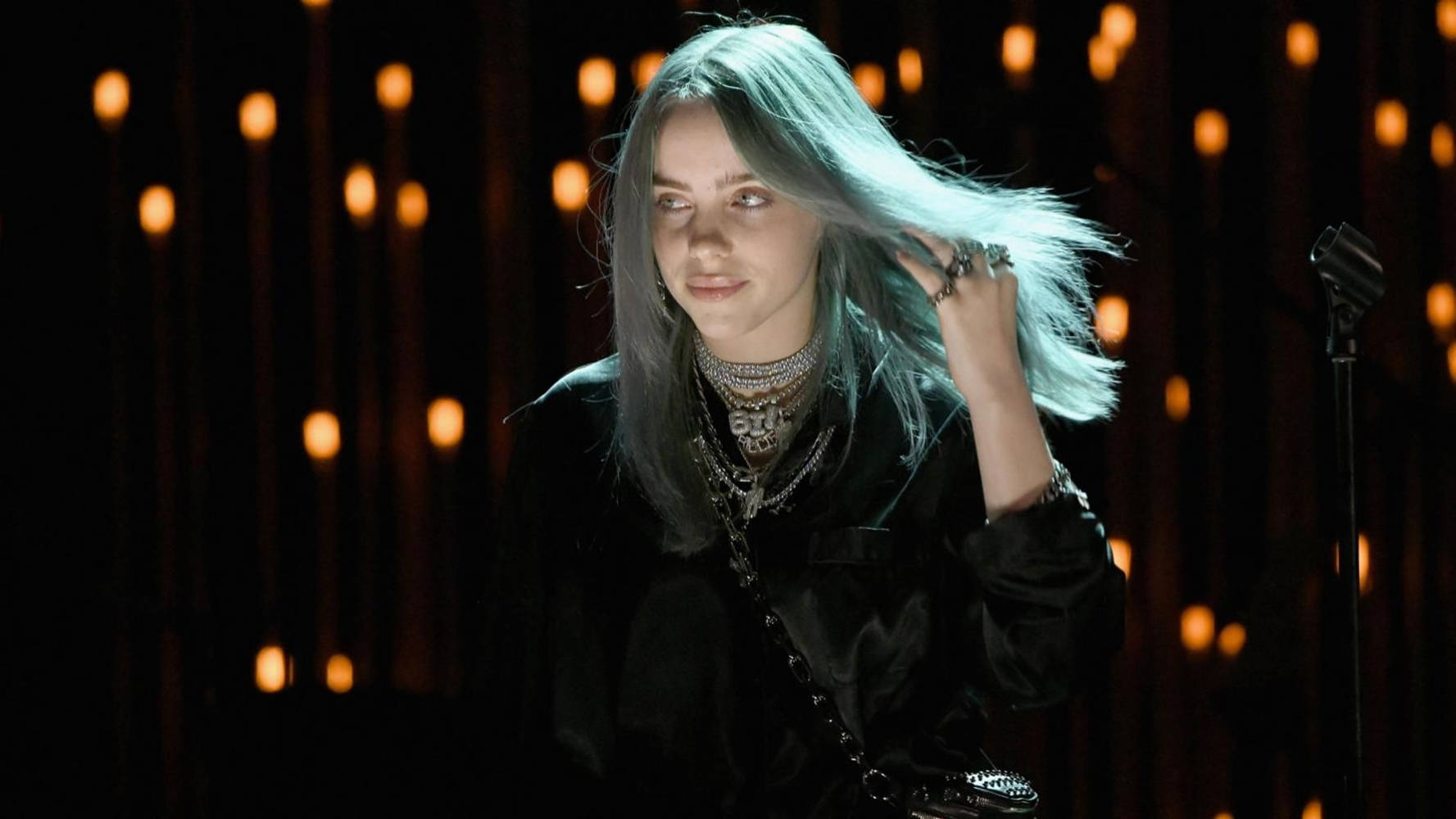 Billie Eilish, silver hair, layered necklaces, HD Desktop Wallpaper