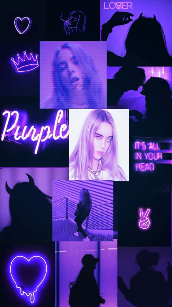 Billie Eilish, purple, neon collage, SD Phone Wallpaper