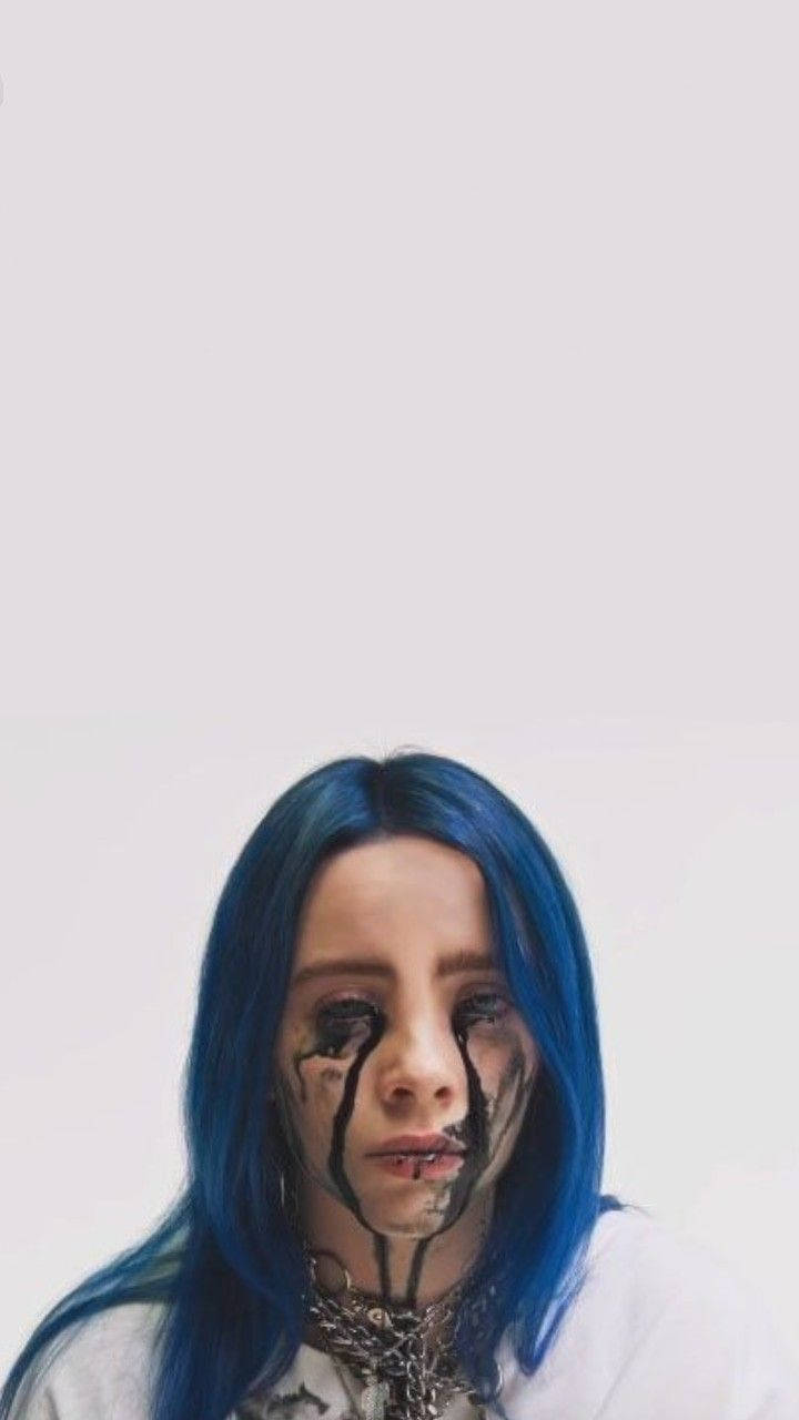Billie Eilish, vibrant blue hair, dramatic black tear-like makeup, HD Phone Wallpaper