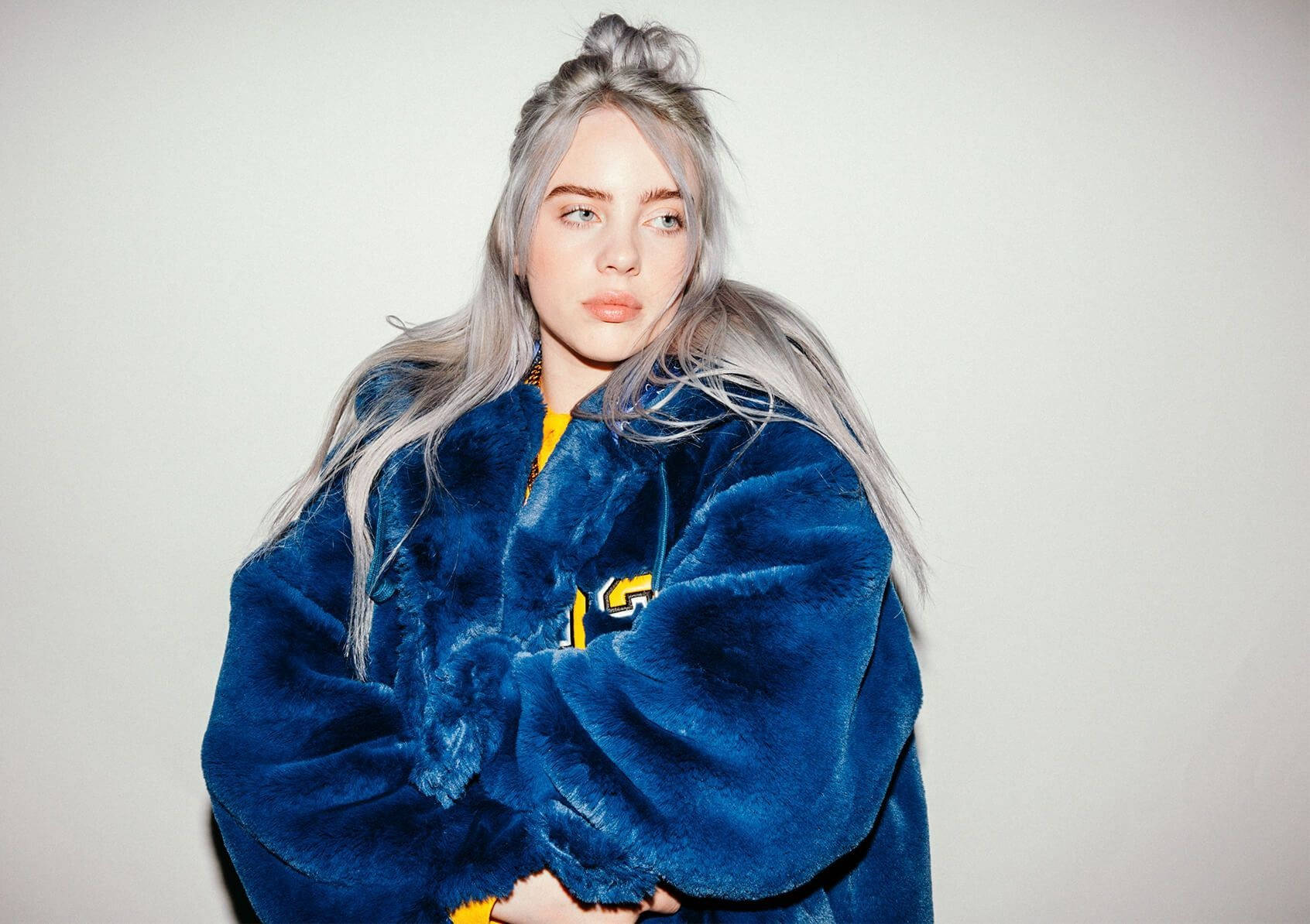 Billie Eilish, blue sweater, silver hair, HD Desktop Wallpaper