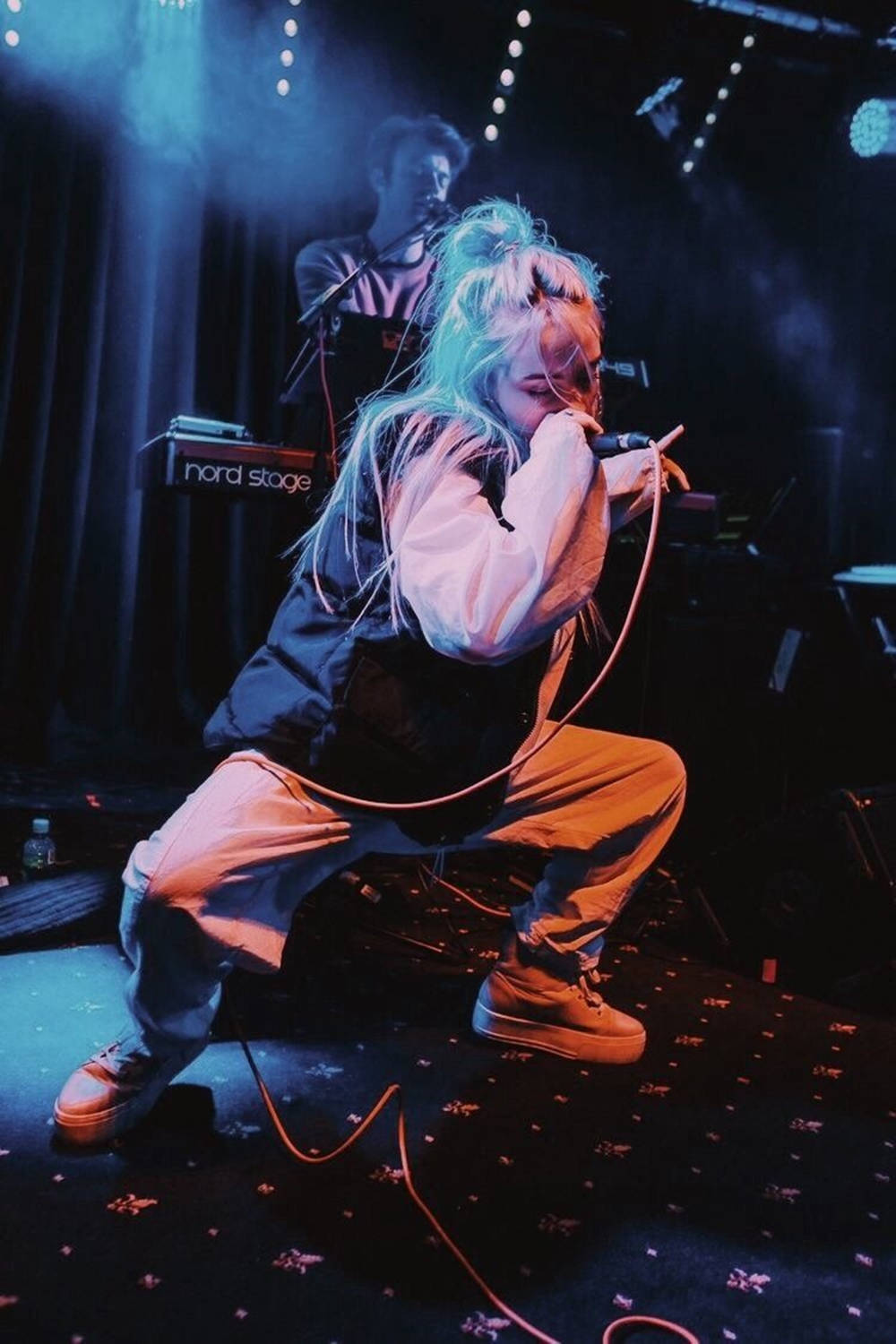 Billie Eilish, glowing blue hair, blue stage lights, HD Phone Wallpaper