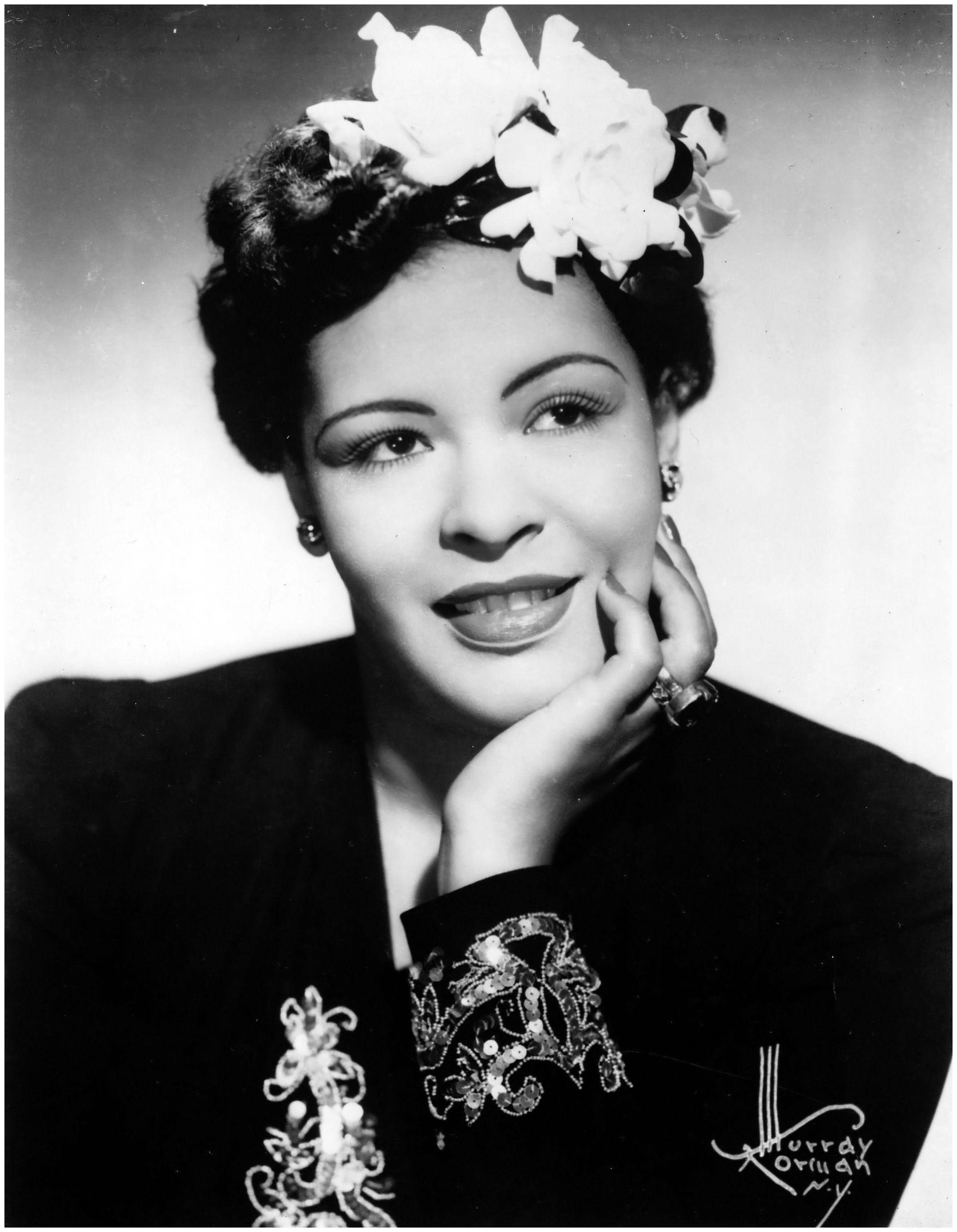 Billie Holiday, floral headpiece, black and white portrait, 2K Phone Wallpaper