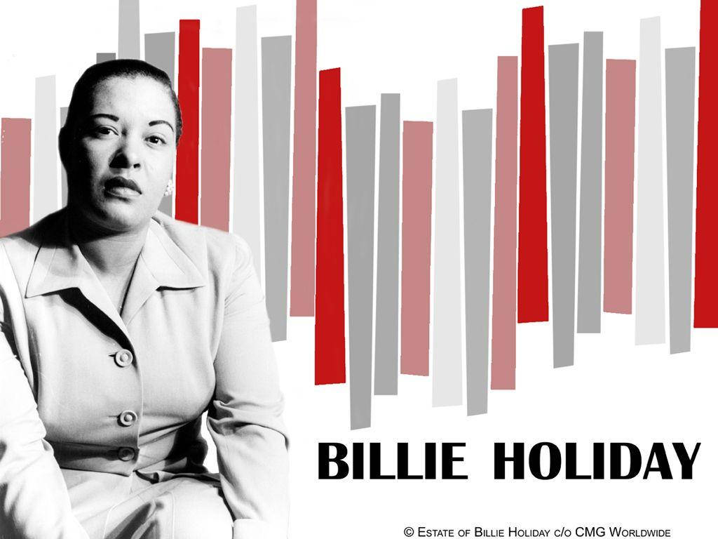 Billie Holiday, sharp suit, bold red gray and white striped background, SD Desktop Wallpaper