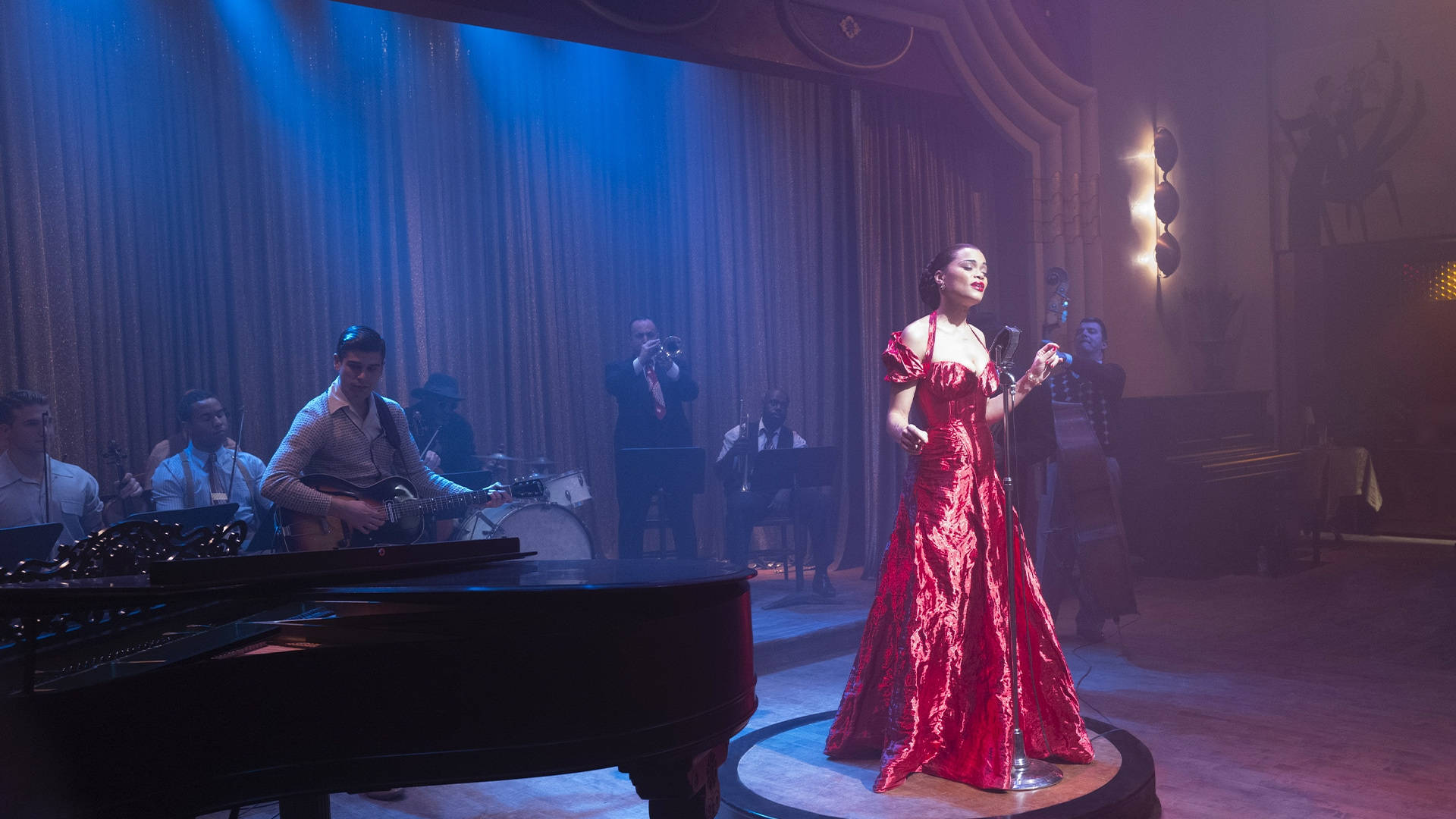 Billie Holiday, red dress, shimmering red gown, Full HD Desktop Wallpaper