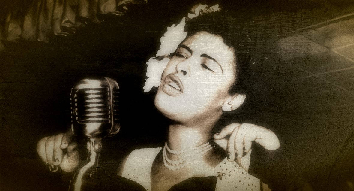 Billie Holiday, sepia-toned, classic microphone, SD Desktop Wallpaper
