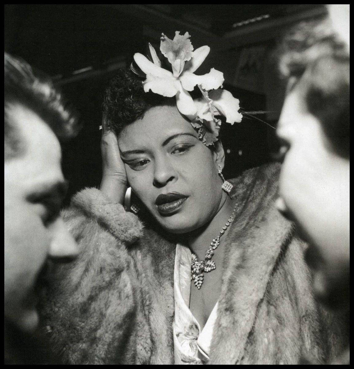 Billie Holiday, fur coat, floral headpiece, SD Phone Wallpaper