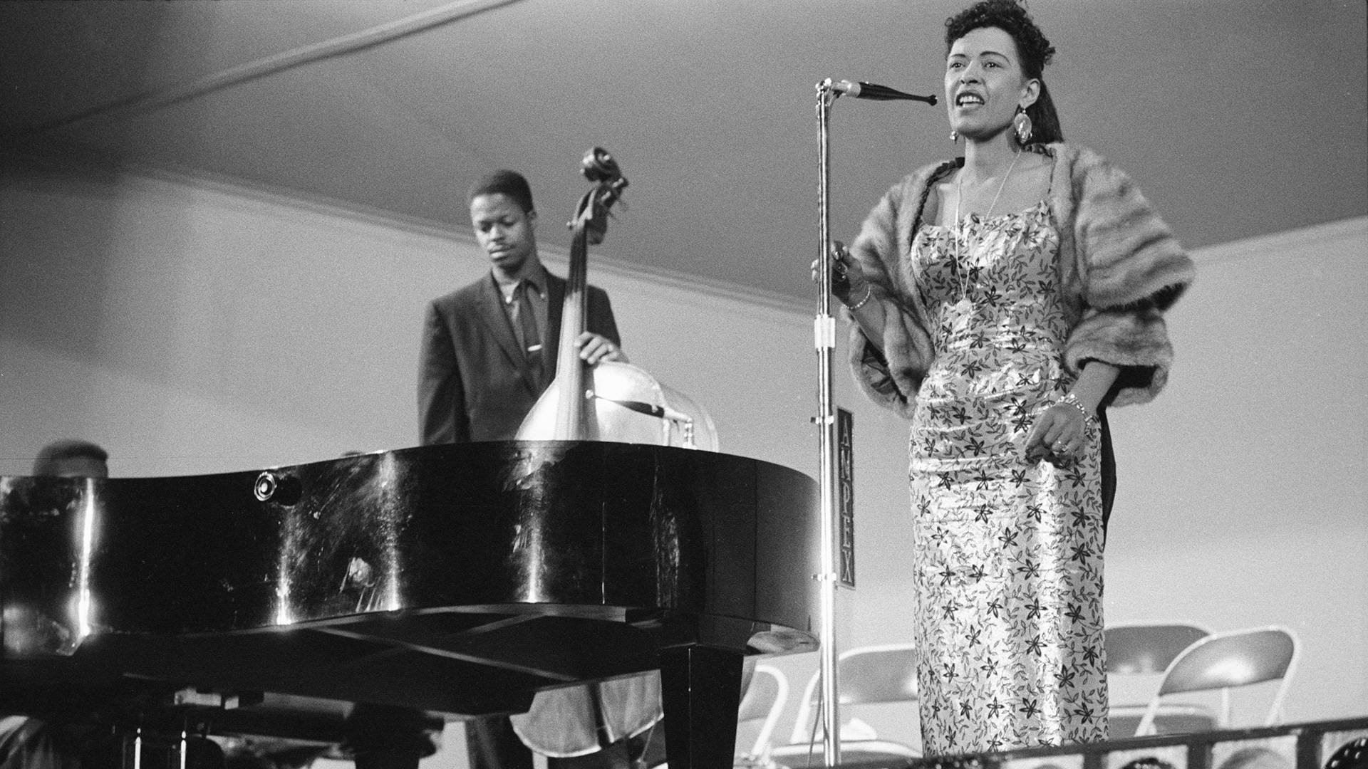 Billie Holiday, grand piano, bassist, Full HD Desktop Wallpaper