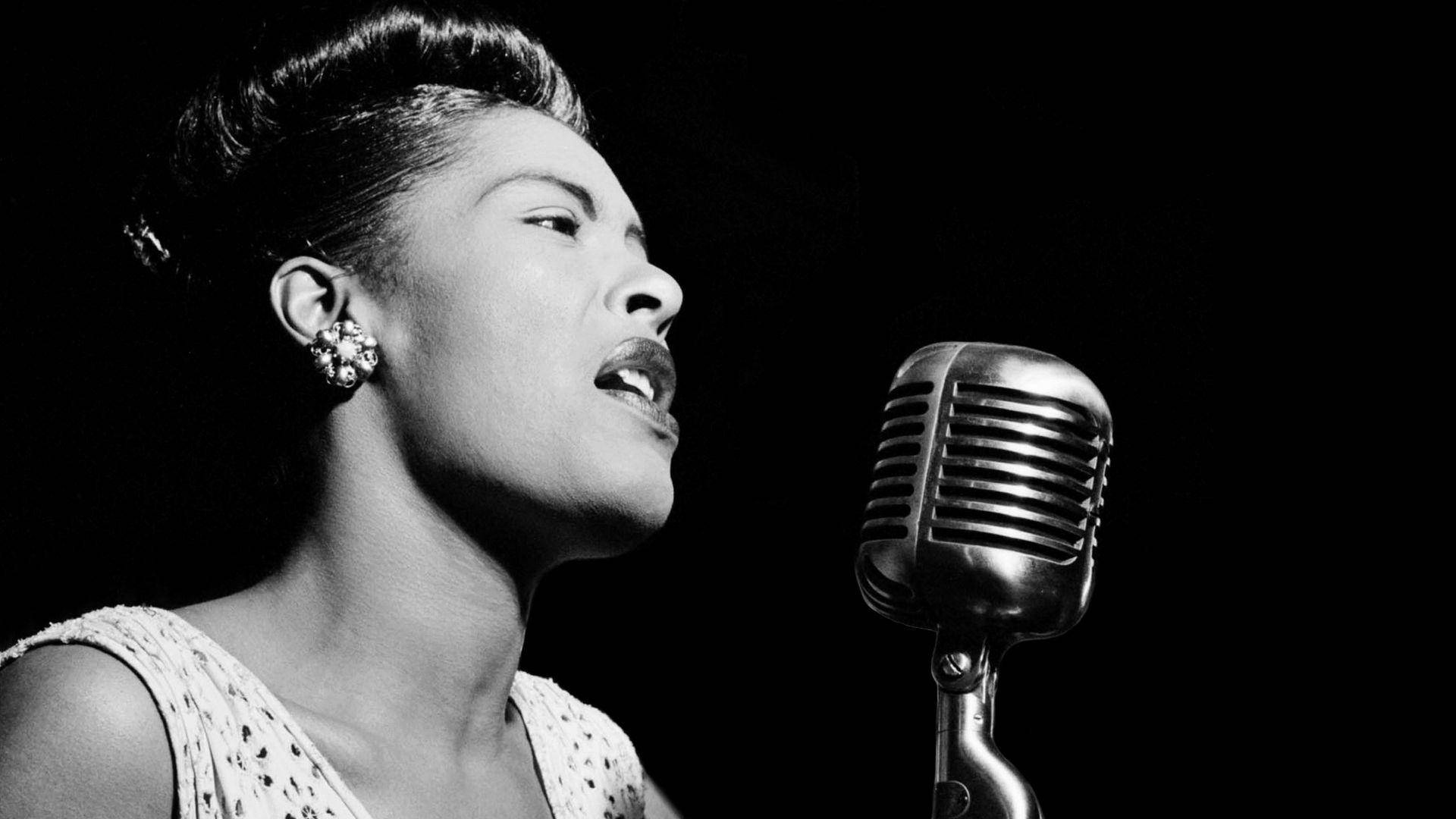 Billie Holiday, vintage microphone, black and white portrait, Full HD Desktop Wallpaper