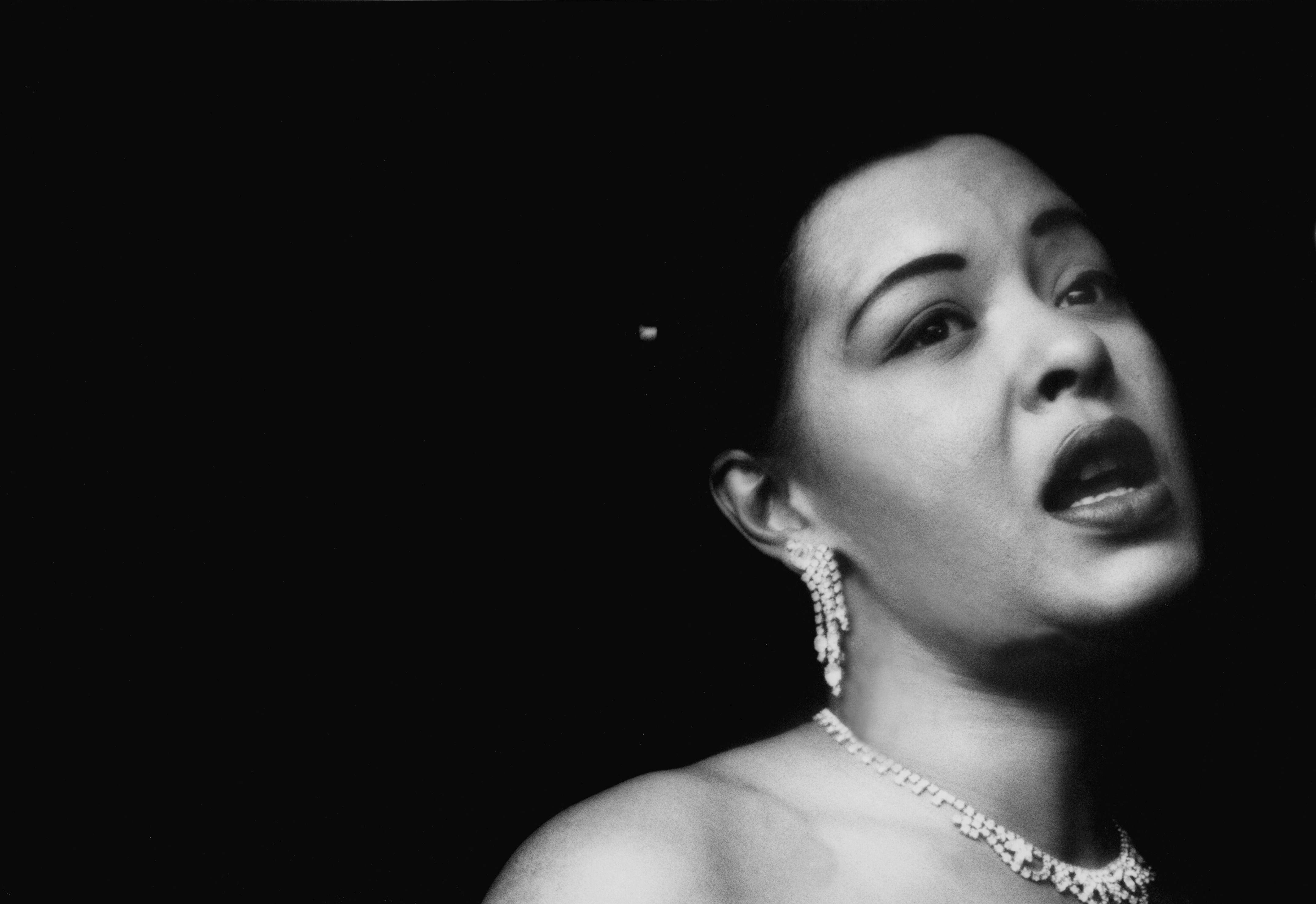 Billie Holiday, jewelry, black and white portrait, 4K Desktop Wallpaper