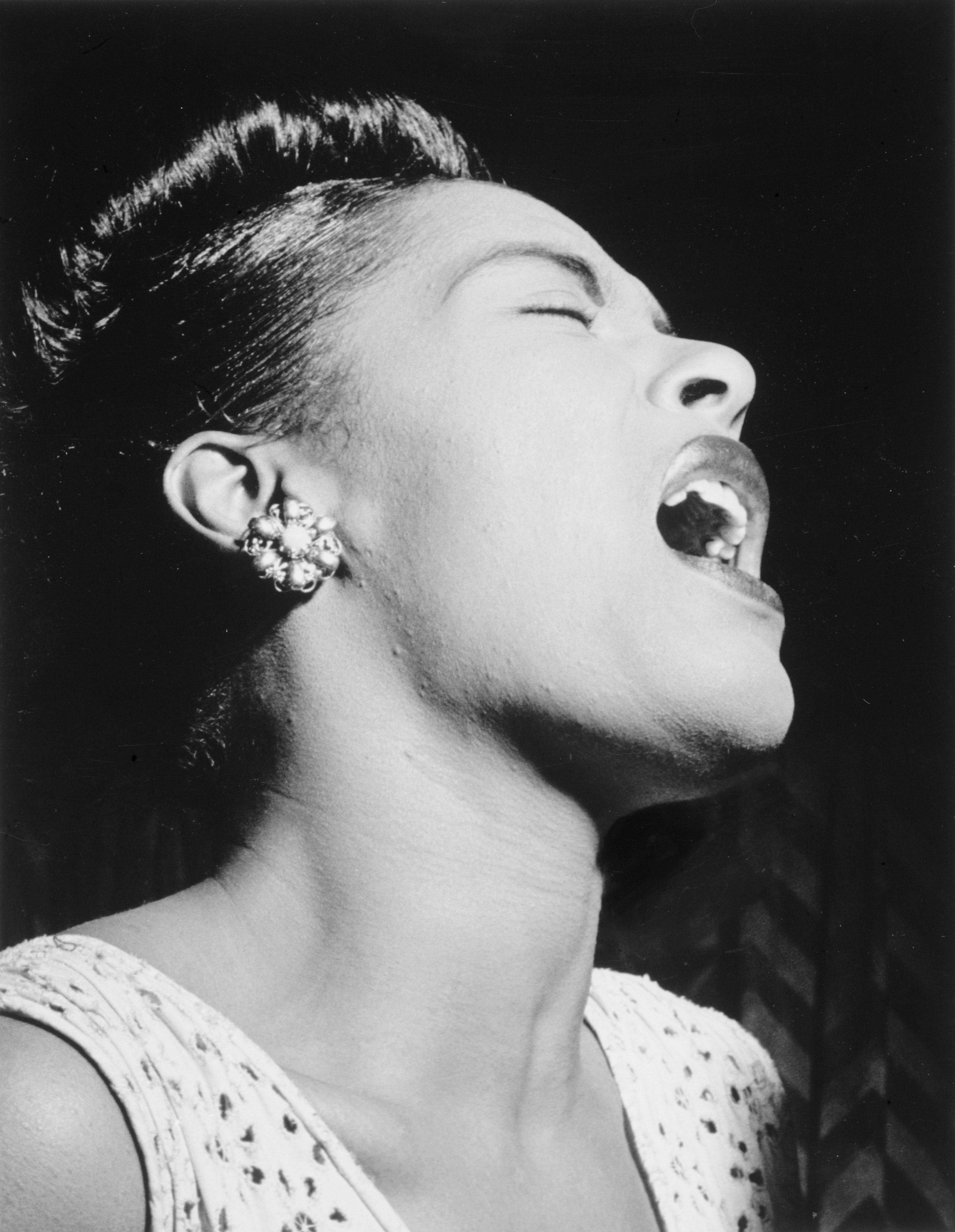 Billie Holiday, singing passionately, black and white portrait, 4K Phone Wallpaper