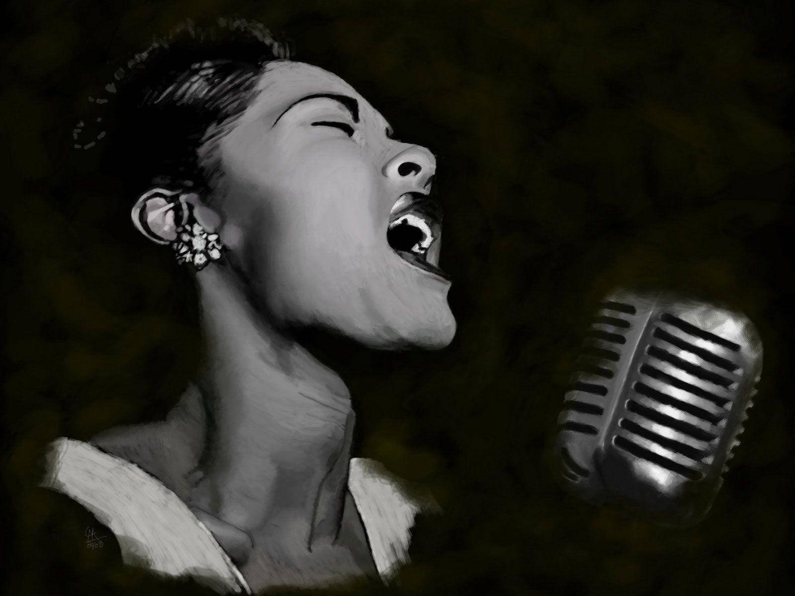 Billie Holiday, charcoal art, vintage microphone, HD Desktop Wallpaper