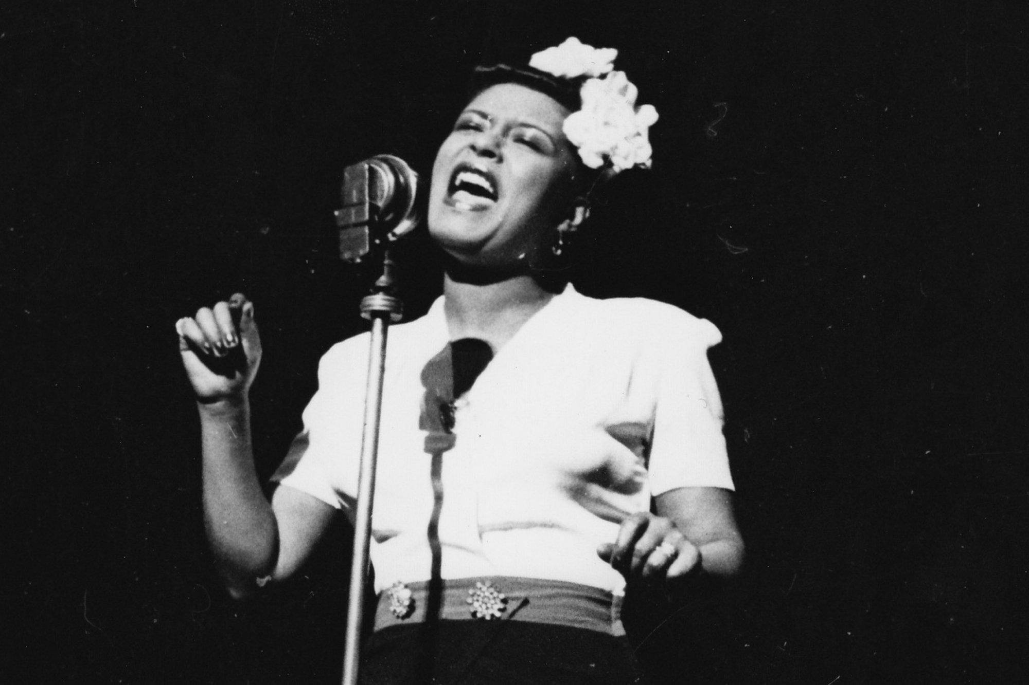 Billie Holiday, vintage microphone, dramatic stage lighting, Full HD Desktop Wallpaper