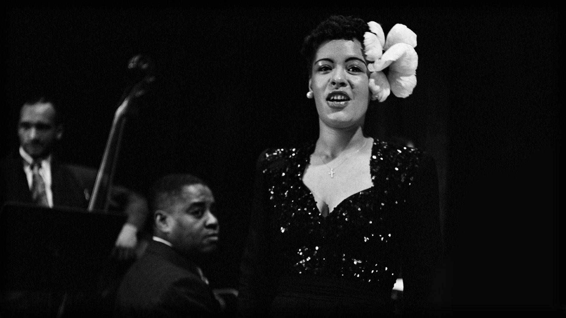 Billie Holiday, sequined dress, white flower hair accessory, Full HD Desktop Wallpaper