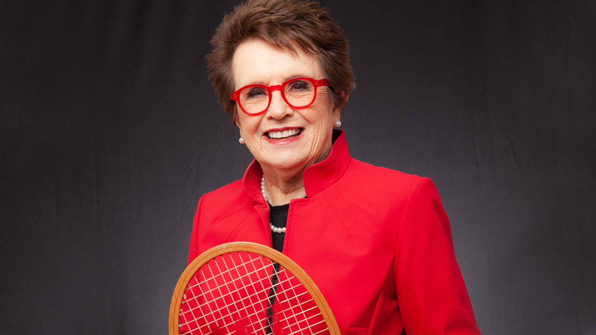 Billie Jean King, red glasses, red jacket, Full HD Desktop Wallpaper