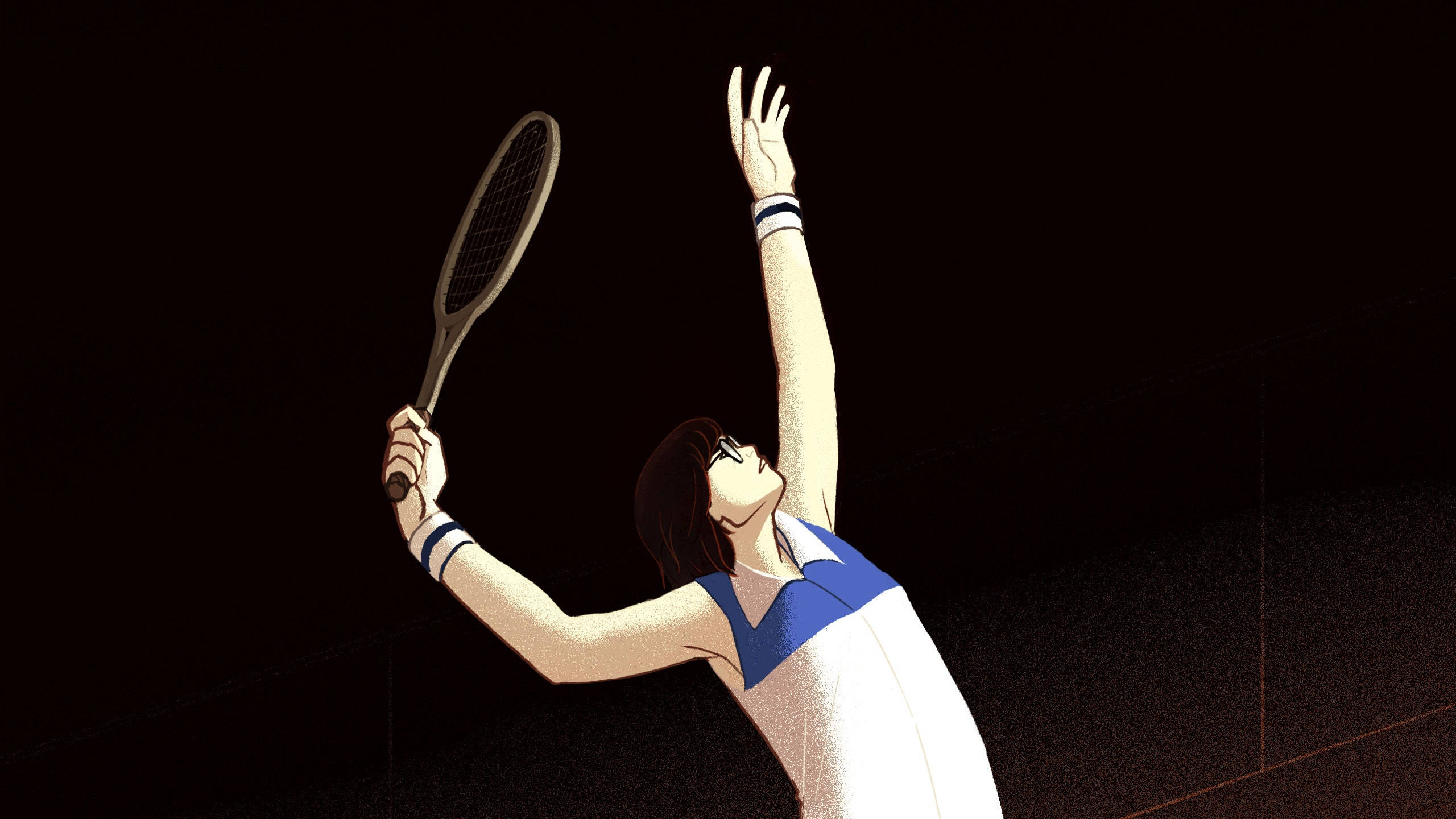 Billie Jean King, anime-style, blue and white uniform, 2K Desktop Wallpaper