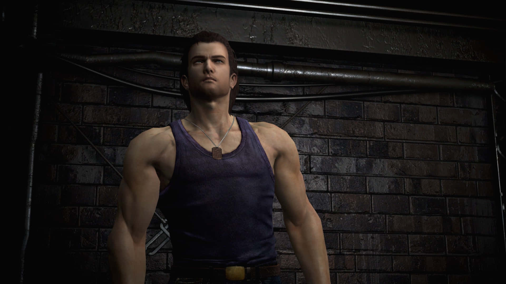 Billy Coen, purple tank top, dark brick wall, Full HD Desktop Wallpaper