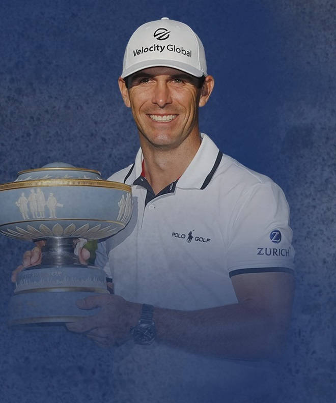 Billy Horschel, white polo shirt, large ornate trophy, SD Phone Wallpaper