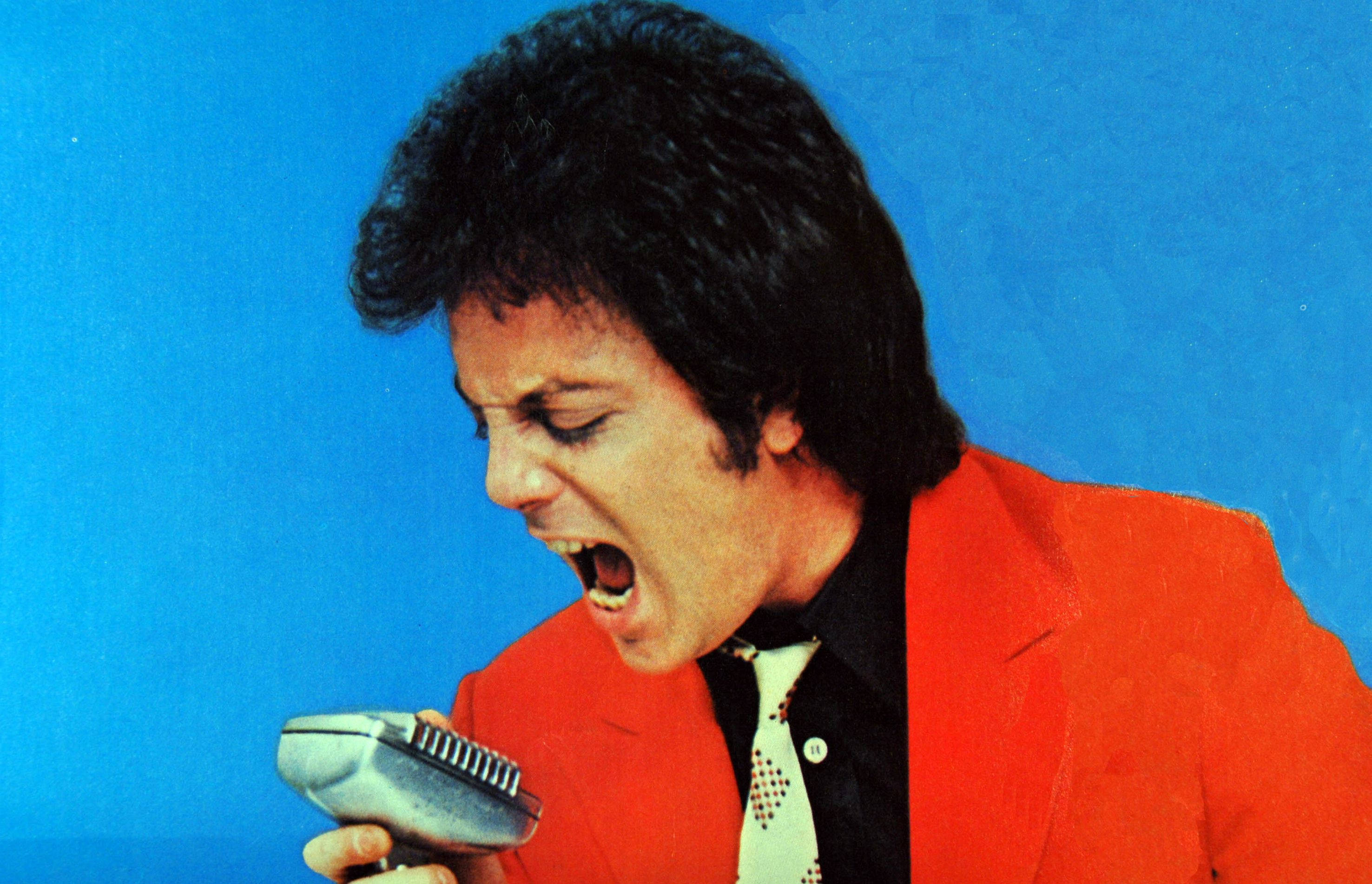 Billy Joel, red jacket, vintage microphone, 2K Desktop Wallpaper