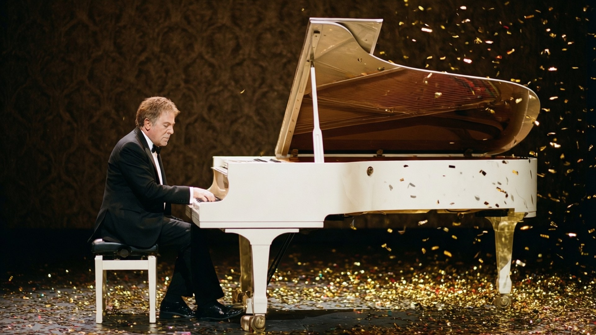 Billy Joel, tuxedo, white piano, Full HD Desktop Wallpaper