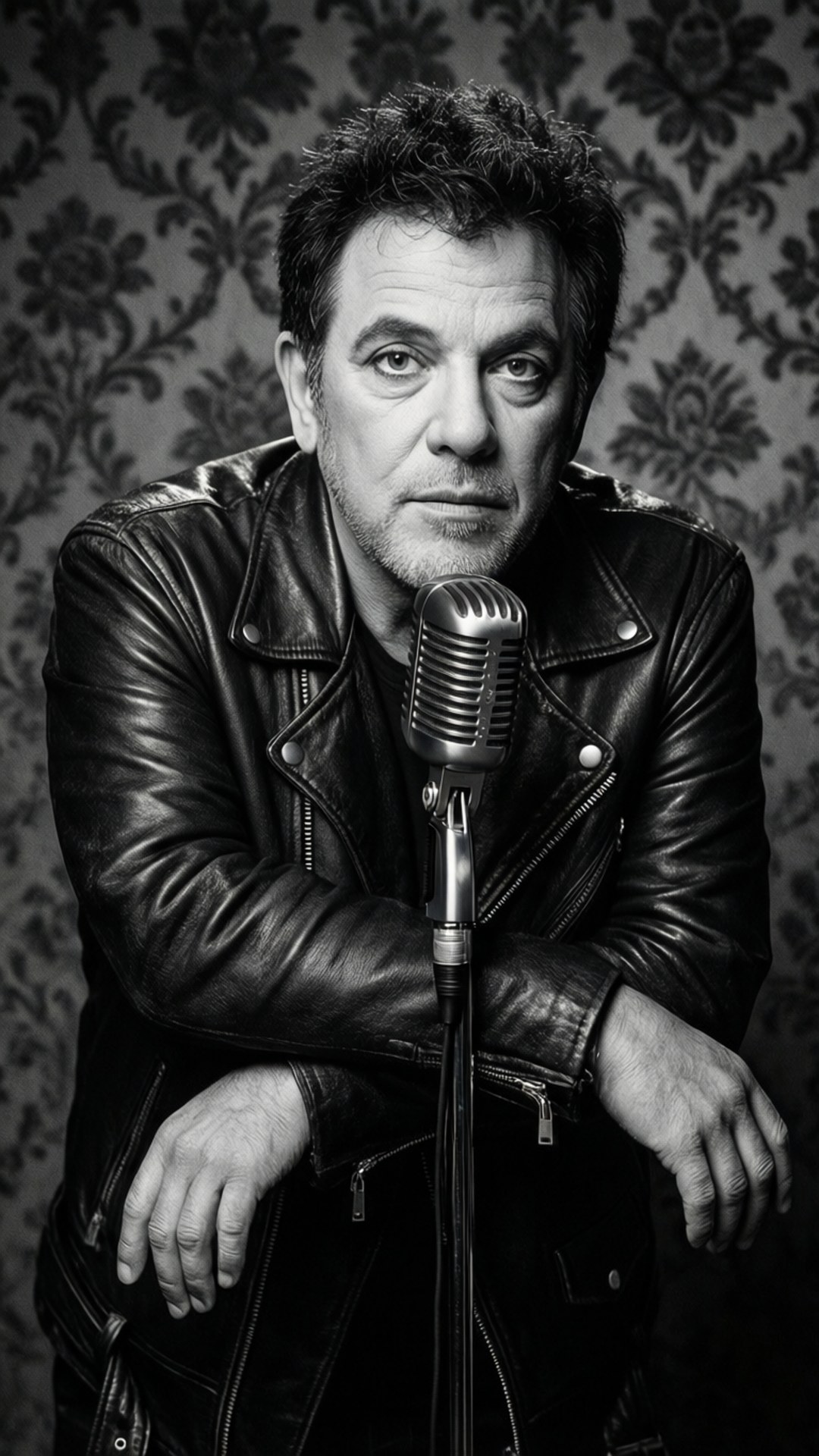 Billy Joel, leather jacket, black and white portrait, Full HD Phone Wallpaper