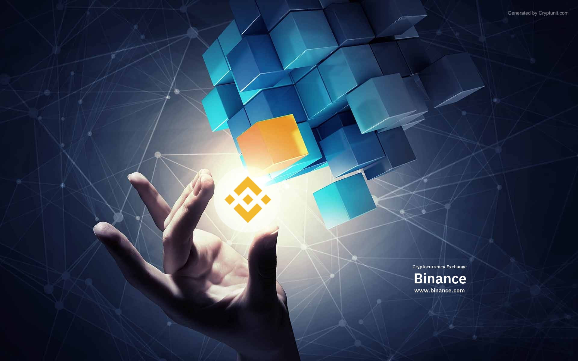 Binance, glowing Binance logo, floating blue cubes, Full HD Desktop Wallpaper