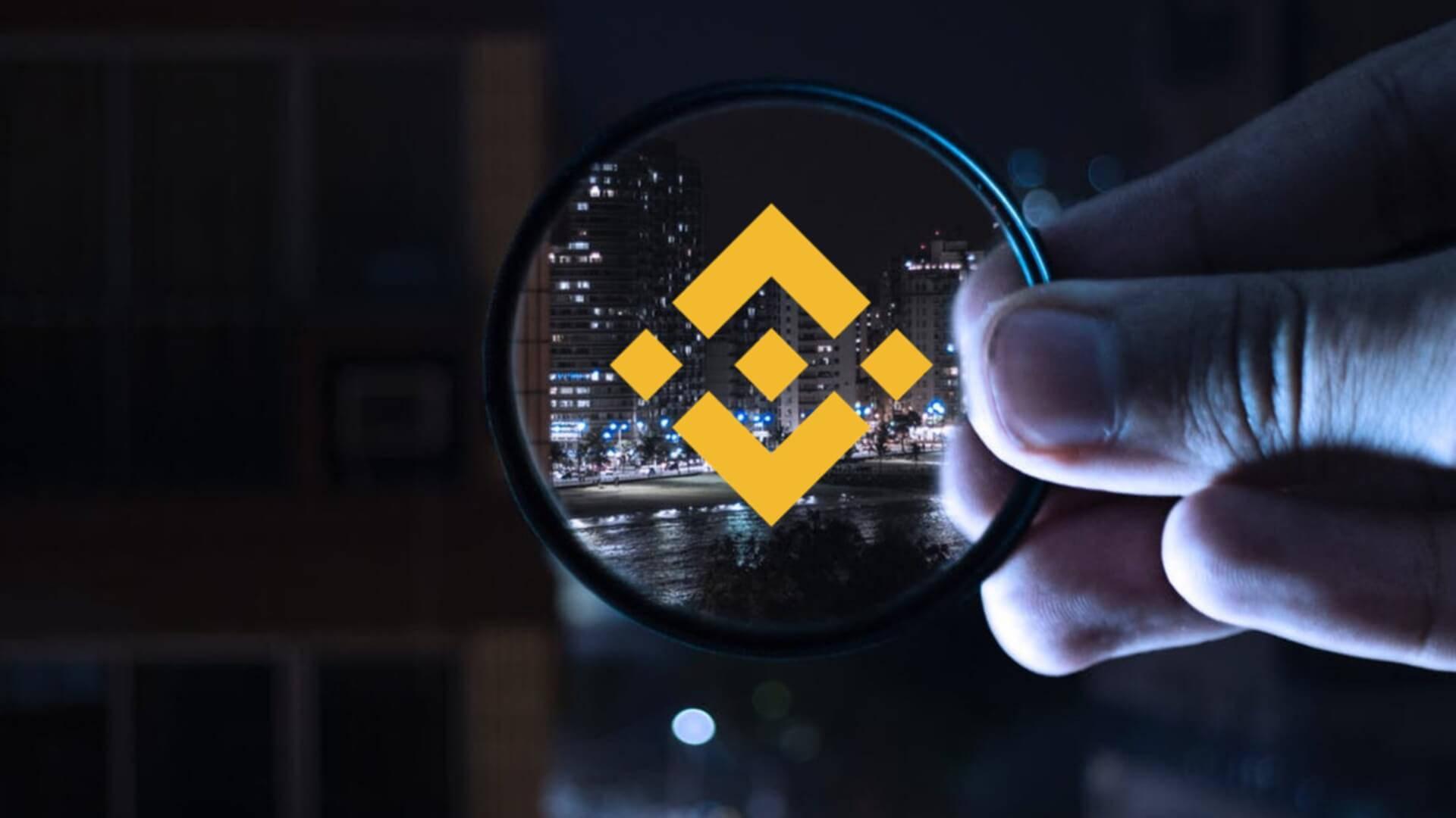 Binance, magnifying glass, cityscape at night, Full HD Desktop Wallpaper