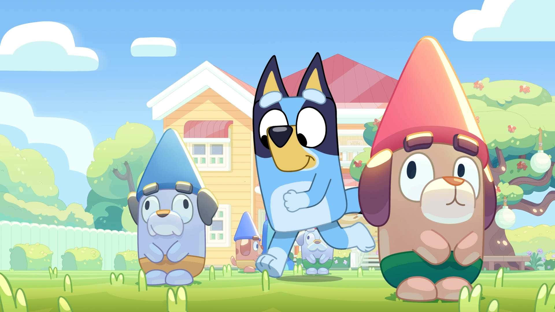 Bluey, Bingo, gnome hats, Full HD Desktop Wallpaper