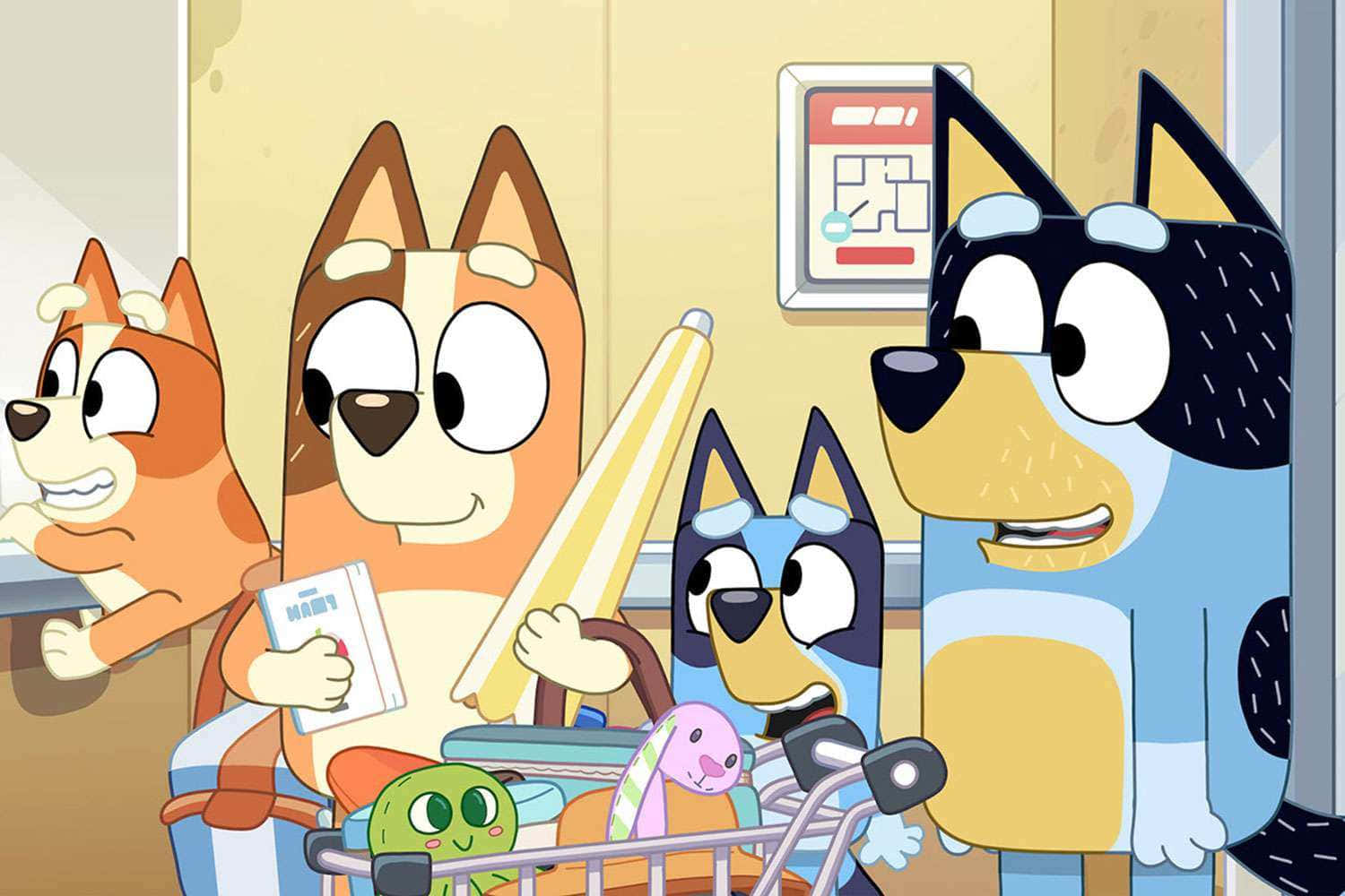 Bluey, Bingo, shopping cart, HD Desktop Wallpaper