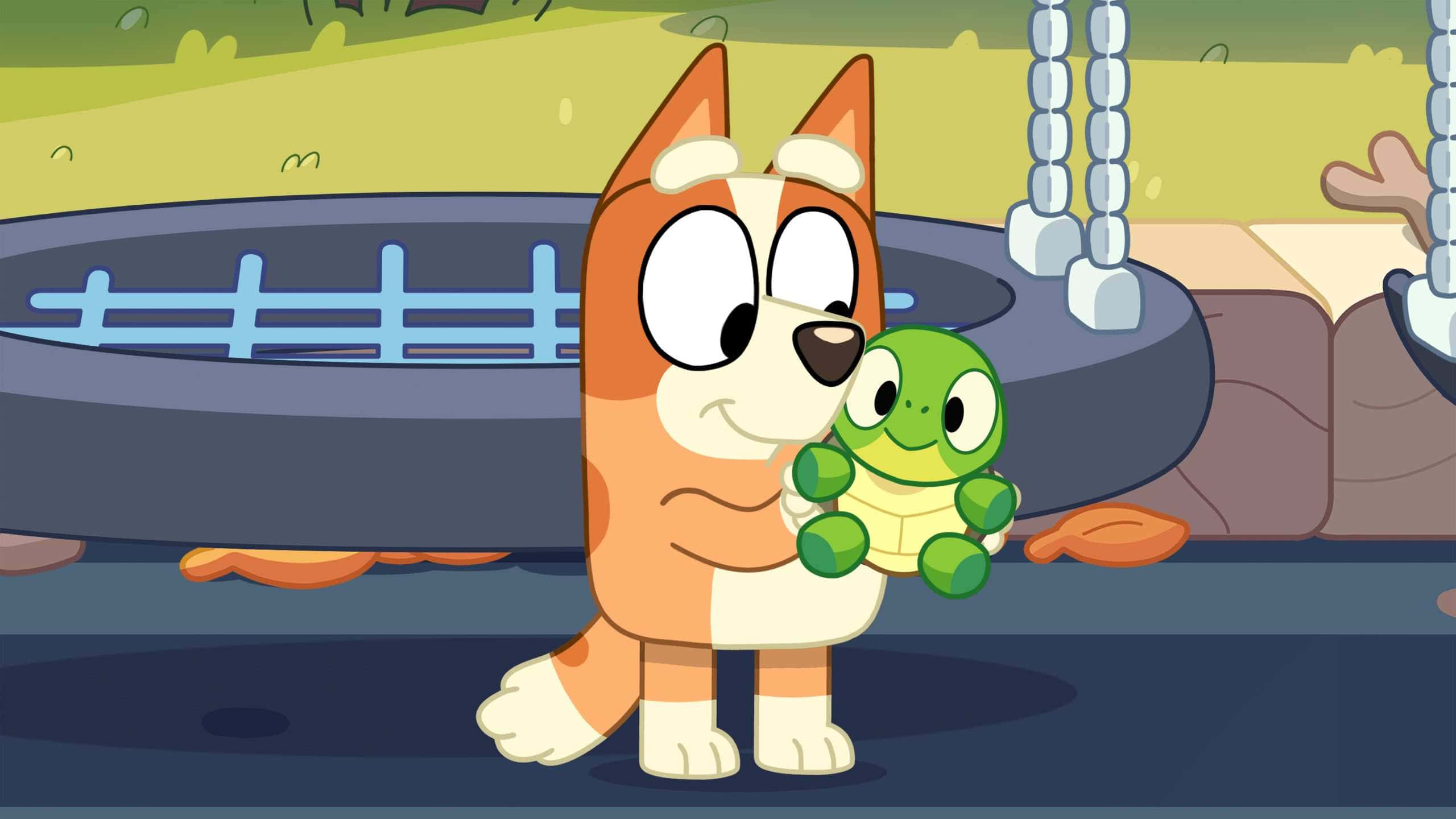Bluey, turtle toy, orange dog, 2K Desktop Wallpaper