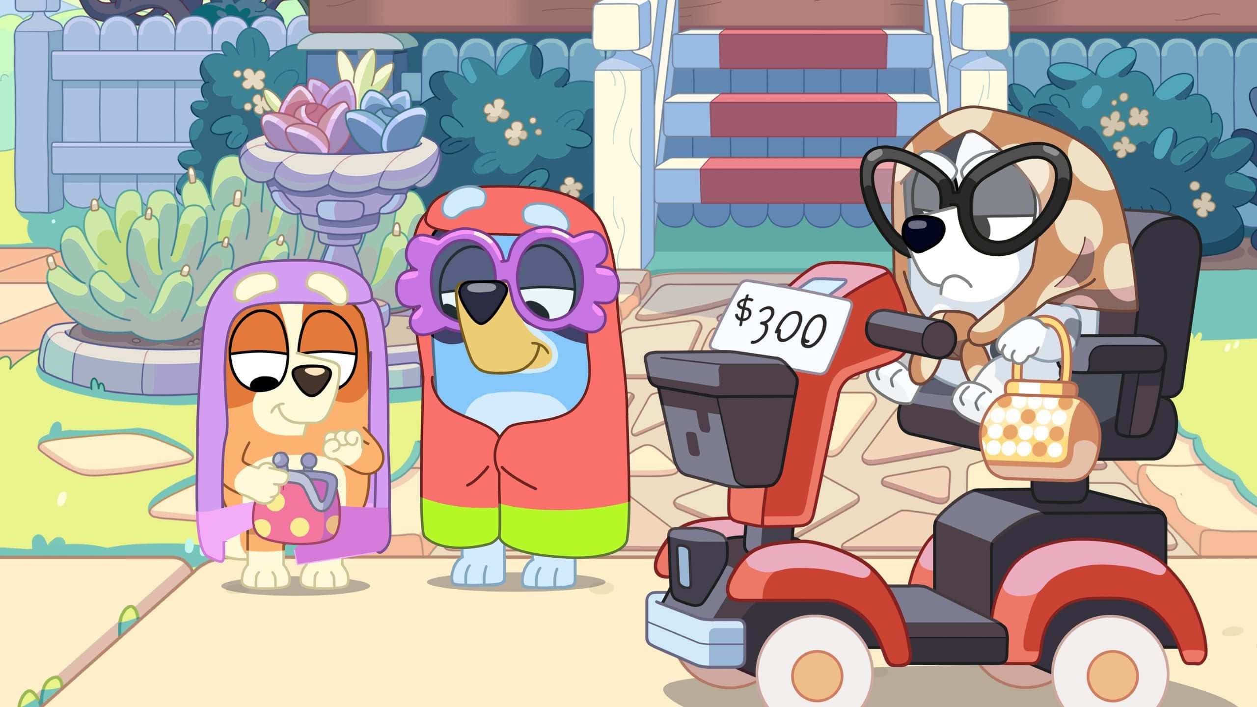 Bluey, Bingo, scooter, 2K Desktop Wallpaper