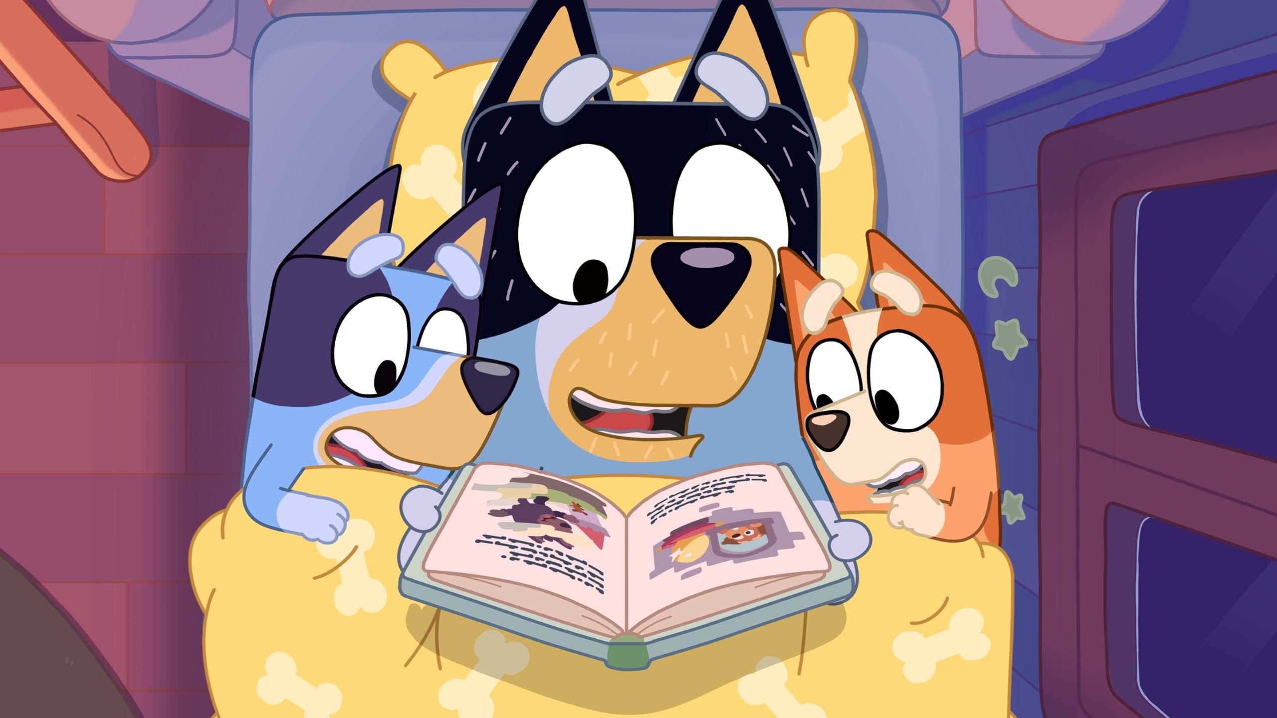 Bluey, family reading time, yellow bone-patterned couch, 2K Desktop Wallpaper