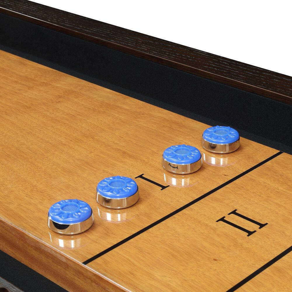 blue pucks, Hanover shuffleboard table, polished wooden shuffleboard, SD Desktop Wallpaper