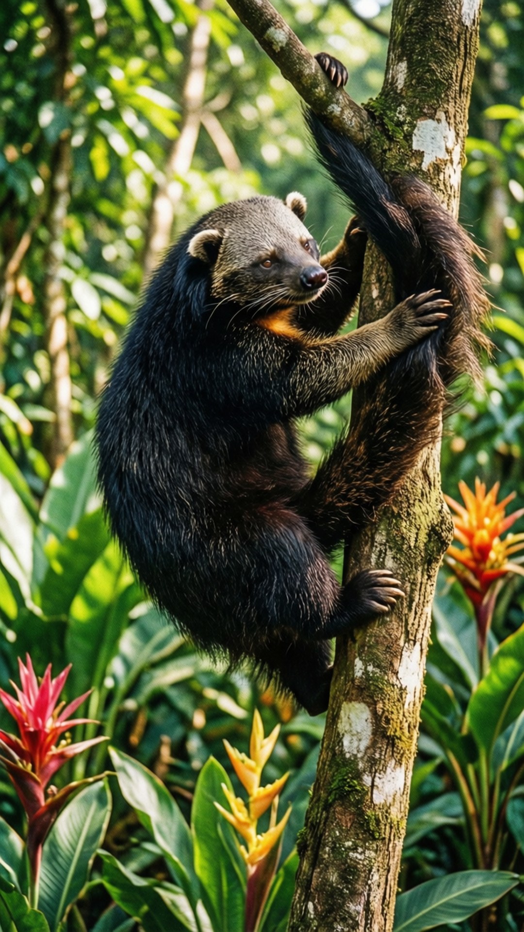 Binturong, tree trunk, tail gripping a branch, Full HD Phone Wallpaper